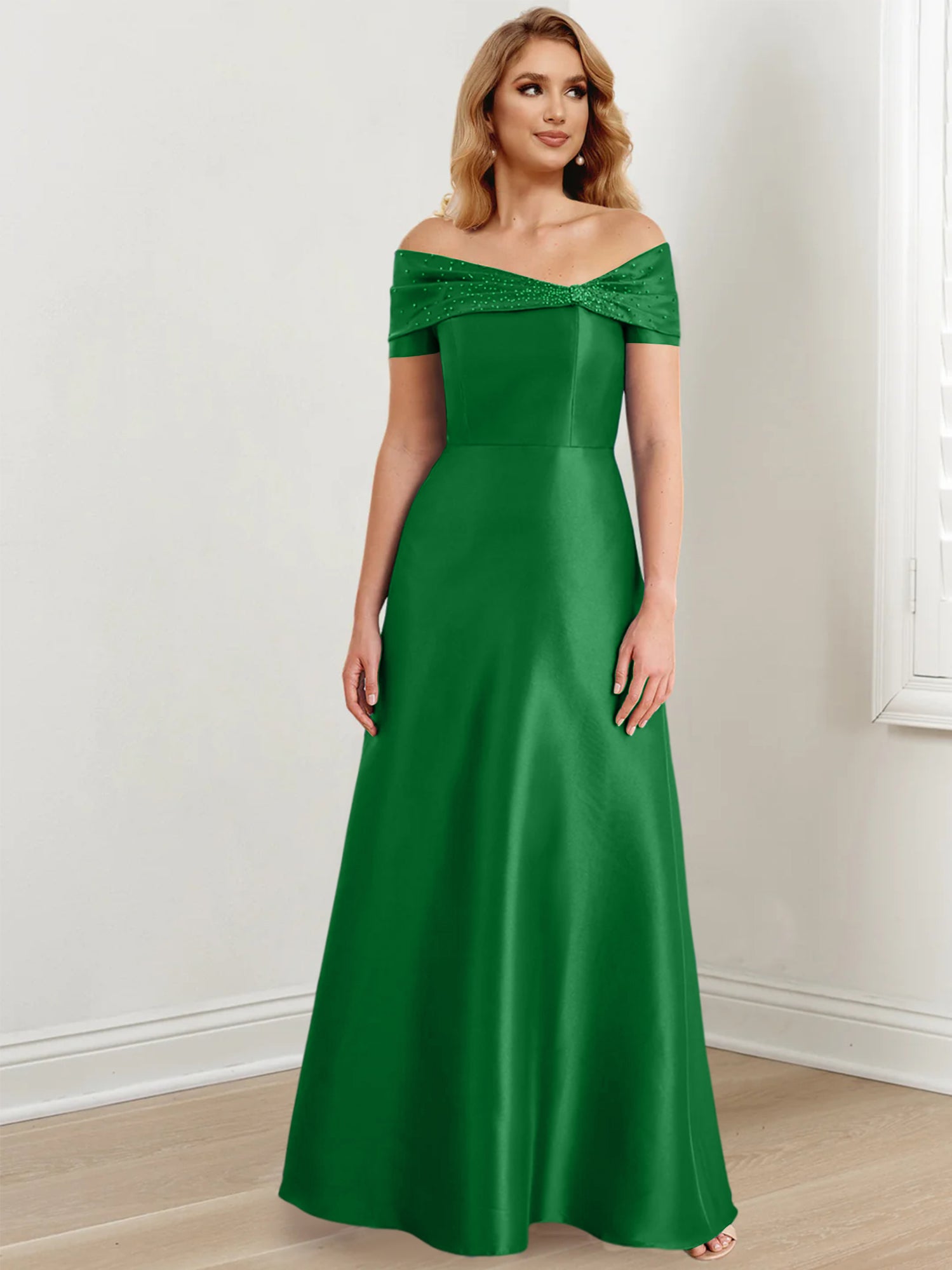 A-Linien-/Prinzessinnen-Kleid mit schulterfreiem Ausschnitt und bodenlang für die Mutter der Braut 