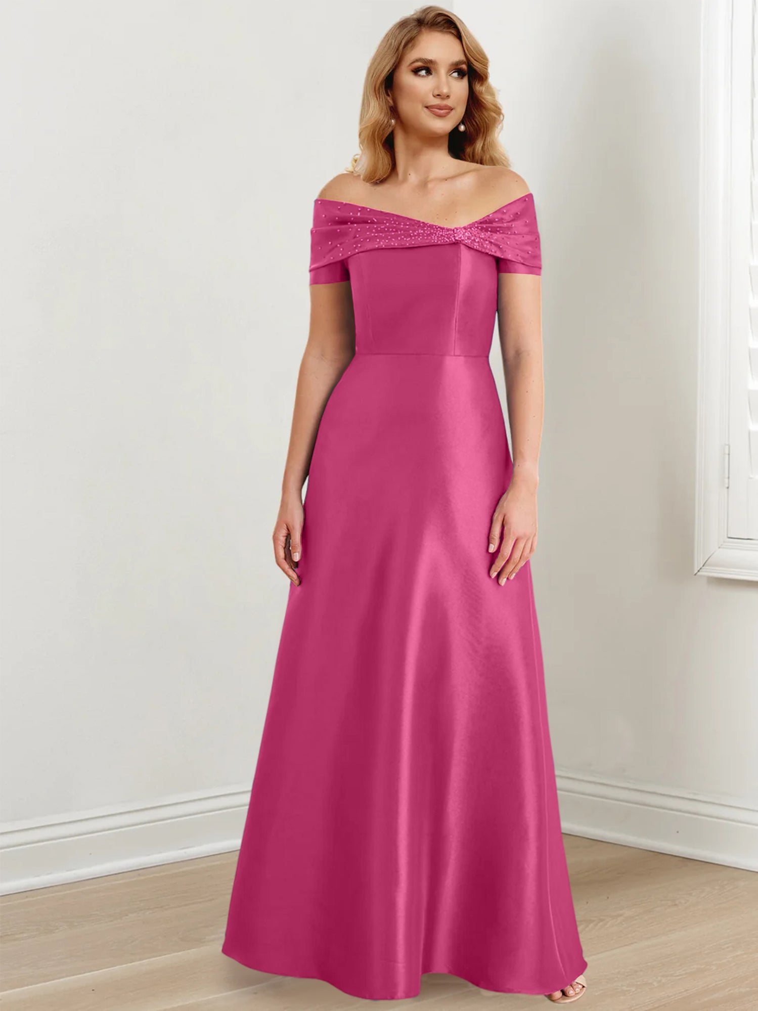 A-Linien-/Prinzessinnen-Kleid mit schulterfreiem Ausschnitt und bodenlang für die Mutter der Braut 