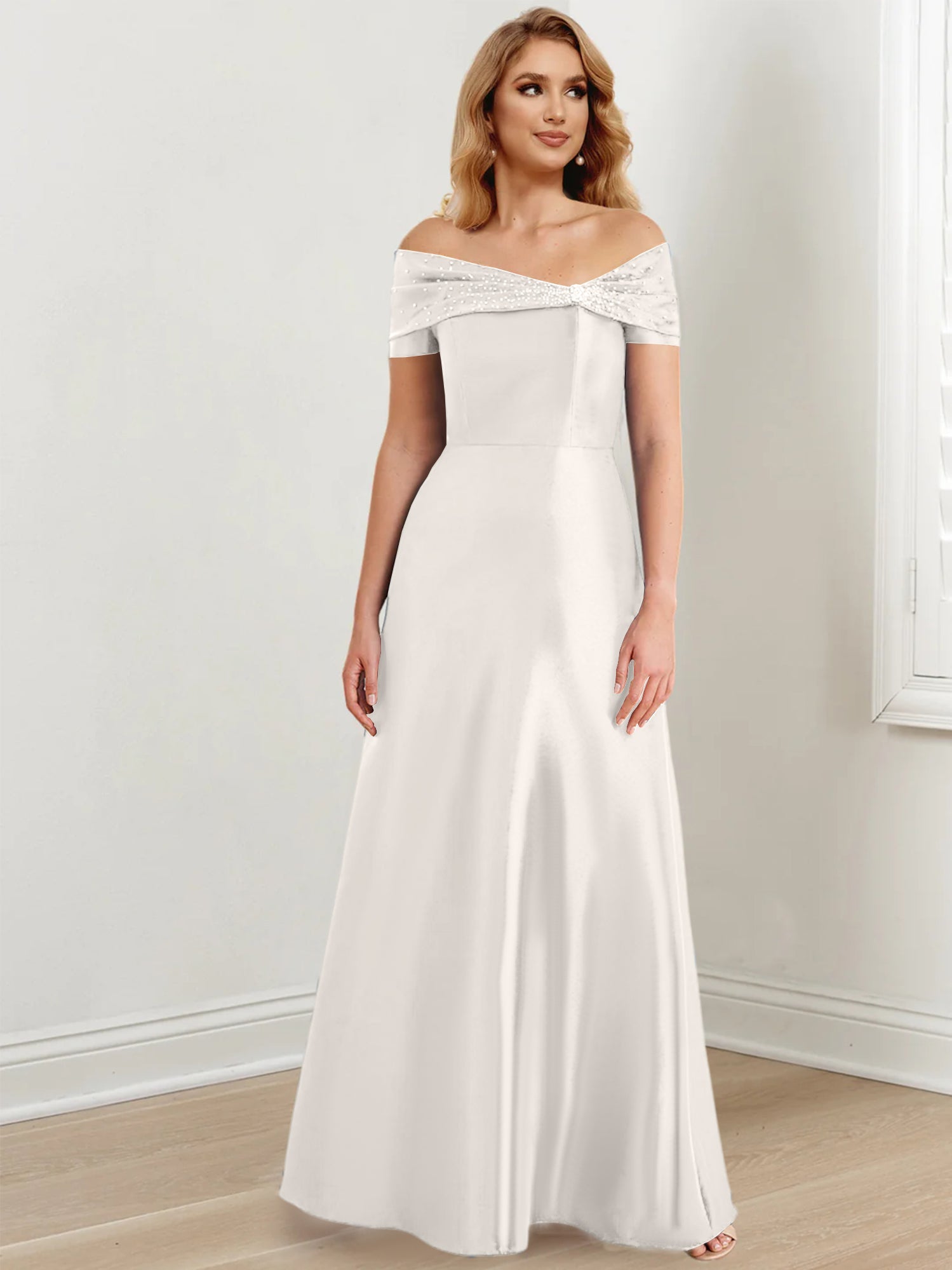 A-Linien-/Prinzessinnen-Kleid mit schulterfreiem Ausschnitt und bodenlang für die Mutter der Braut 
