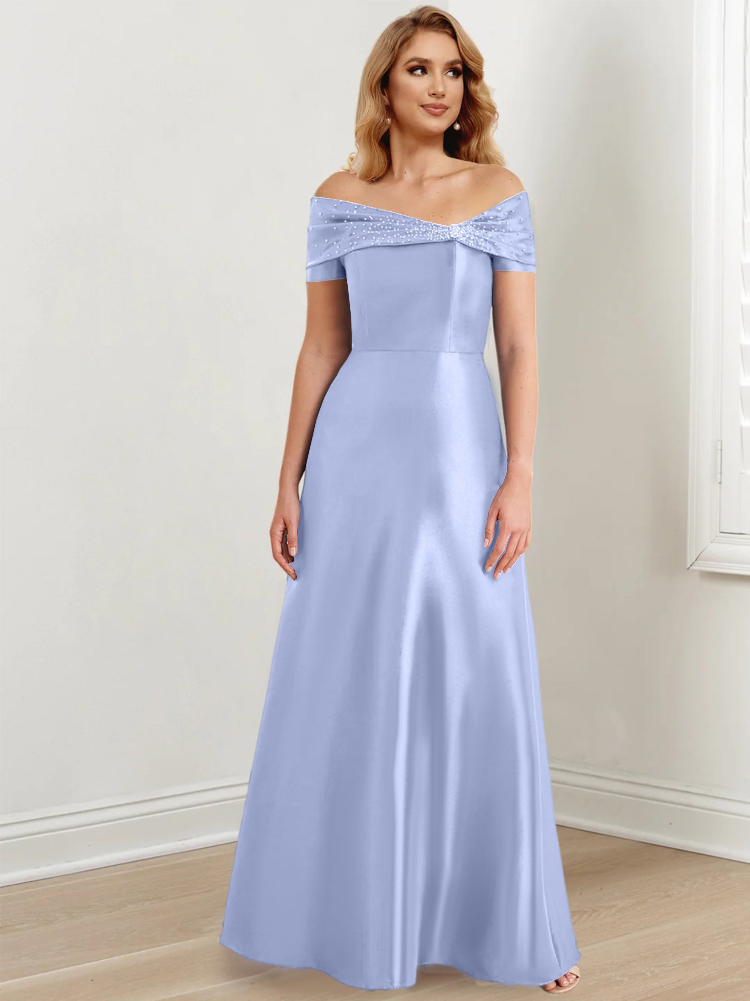 A-Linien-/Prinzessinnen-Kleid mit schulterfreiem Ausschnitt und bodenlang für die Mutter der Braut 