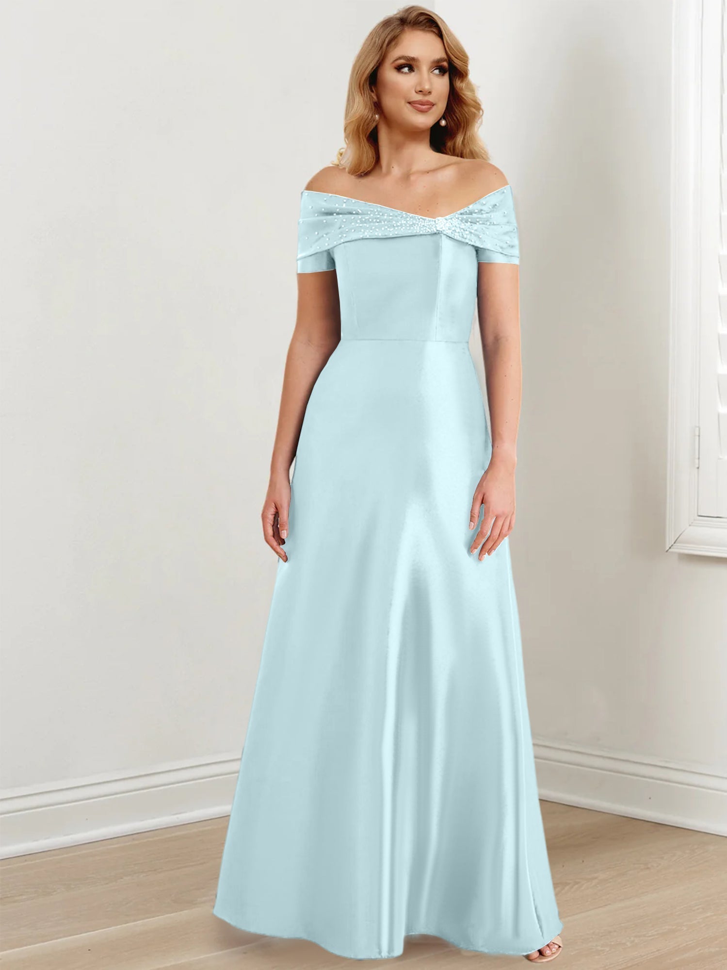 A-Linien-/Prinzessinnen-Kleid mit schulterfreiem Ausschnitt und bodenlang für die Mutter der Braut 