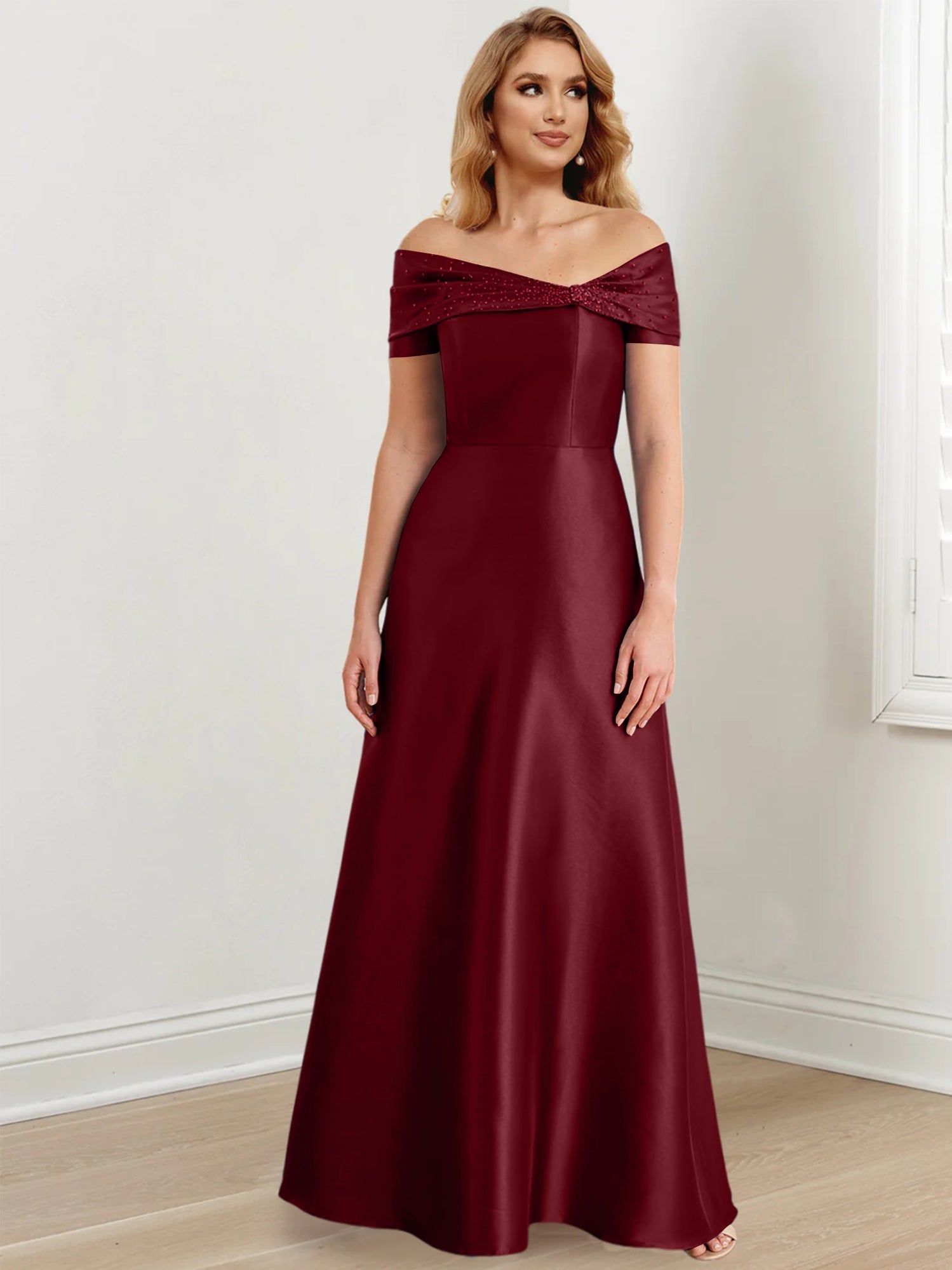 A-Linien-/Prinzessinnen-Kleid mit schulterfreiem Ausschnitt und bodenlang für die Mutter der Braut 