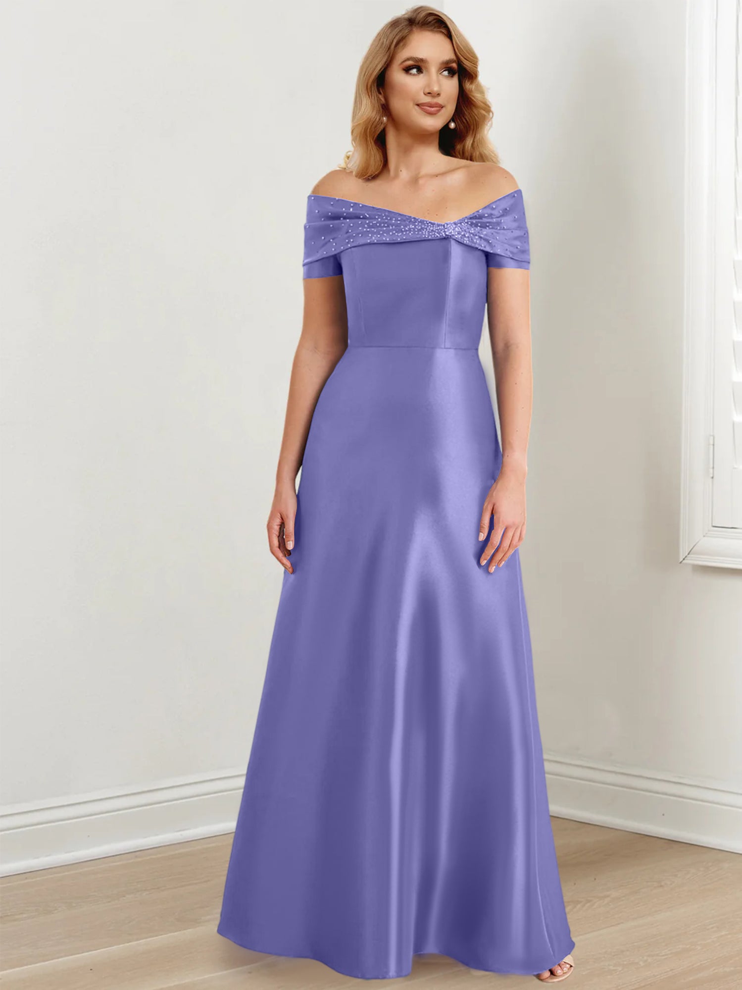 A-Linien-/Prinzessinnen-Kleid mit schulterfreiem Ausschnitt und bodenlang für die Mutter der Braut 
