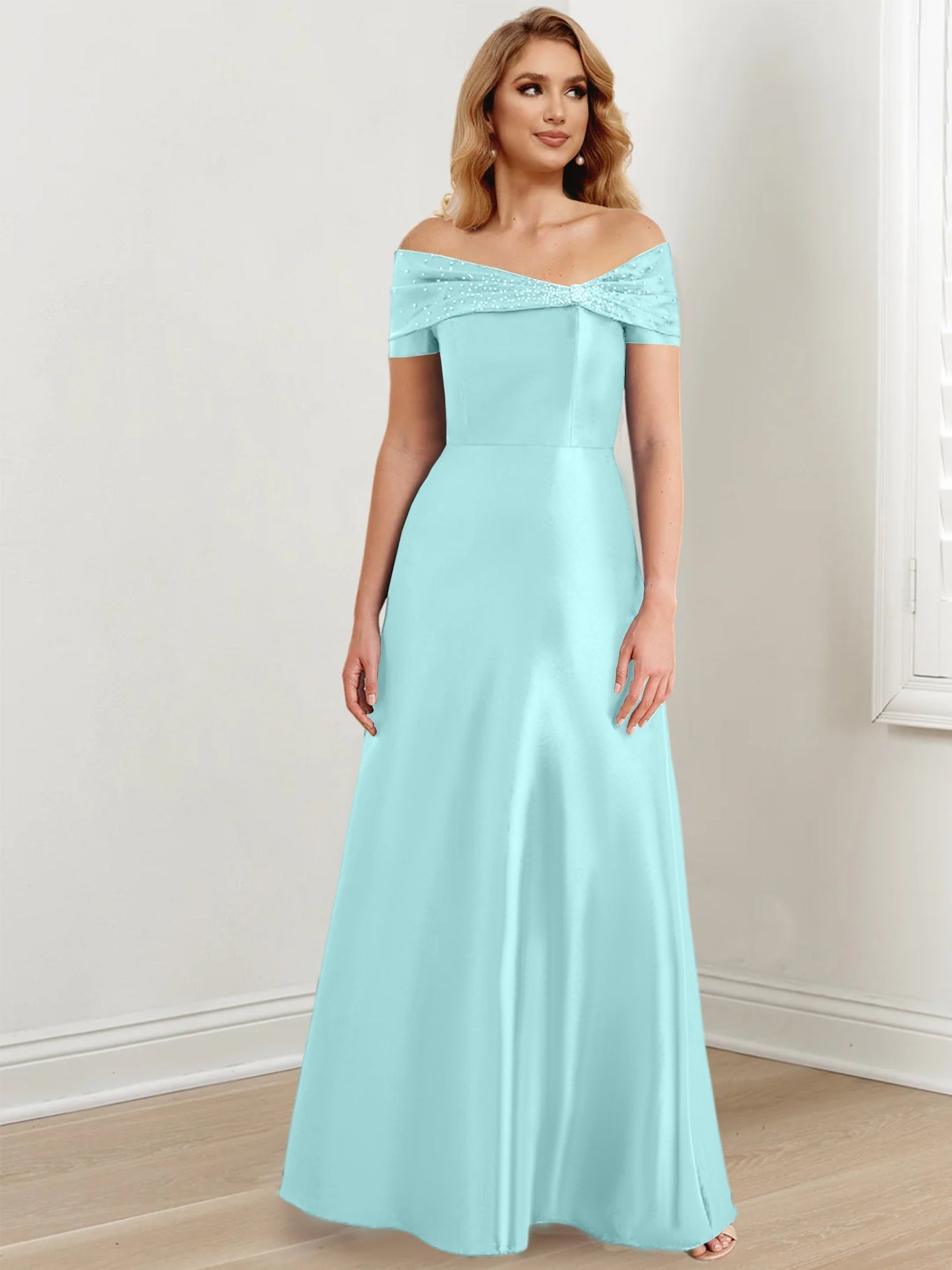 A-Linien-/Prinzessinnen-Kleid mit schulterfreiem Ausschnitt und bodenlang für die Mutter der Braut 