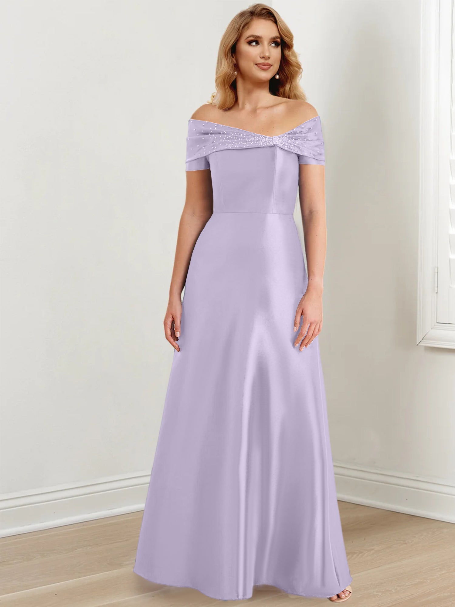 A-Linien-/Prinzessinnen-Kleid mit schulterfreiem Ausschnitt und bodenlang für die Mutter der Braut 