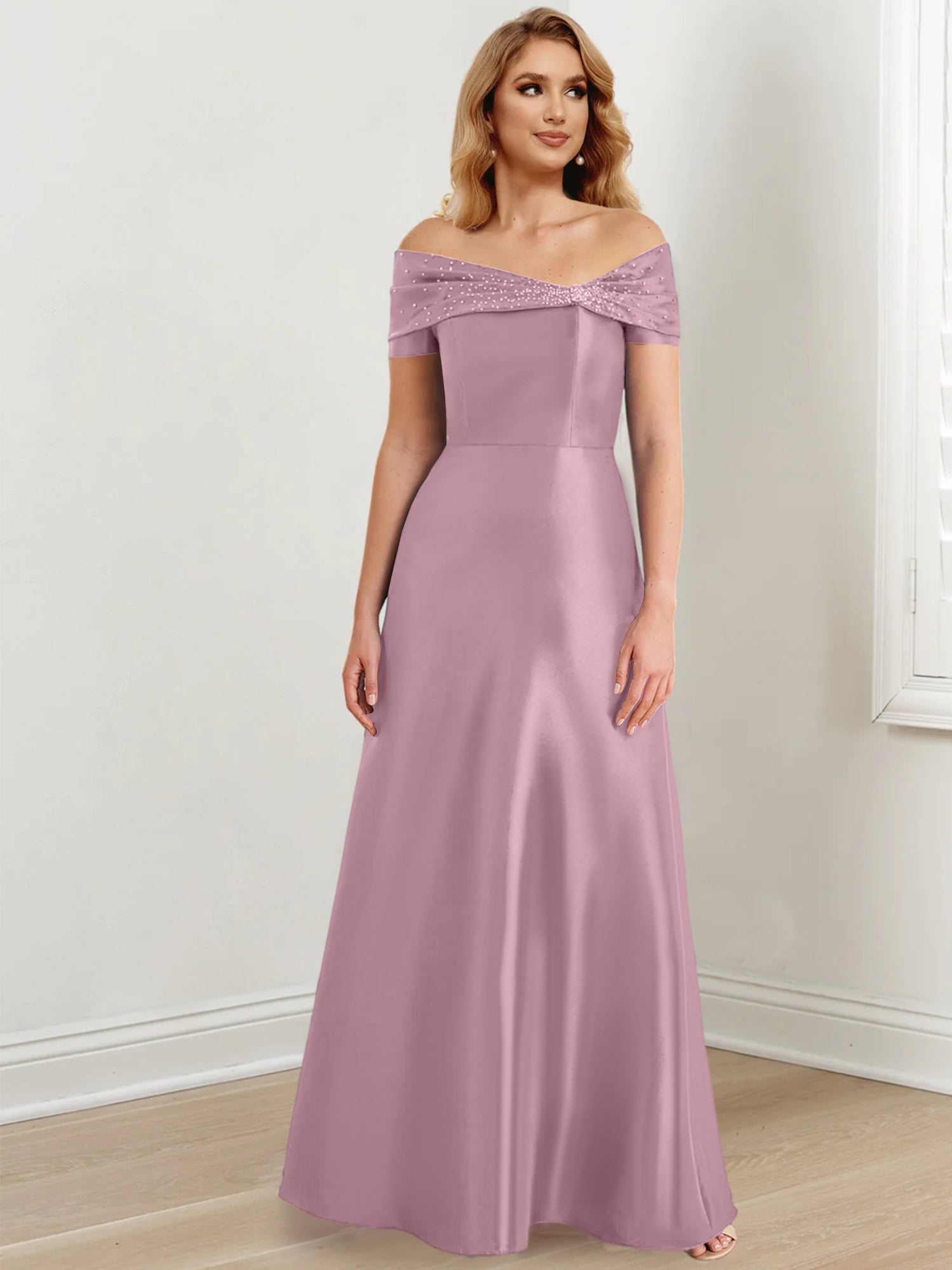 A-Linien-/Prinzessinnen-Kleid mit schulterfreiem Ausschnitt und bodenlang für die Mutter der Braut 