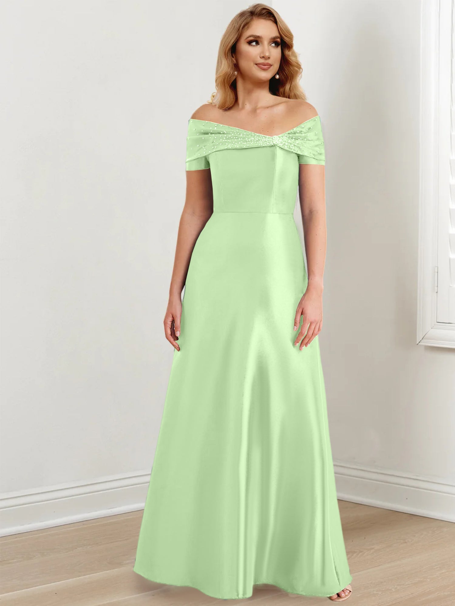 A-Linien-/Prinzessinnen-Kleid mit schulterfreiem Ausschnitt und bodenlang für die Mutter der Braut 