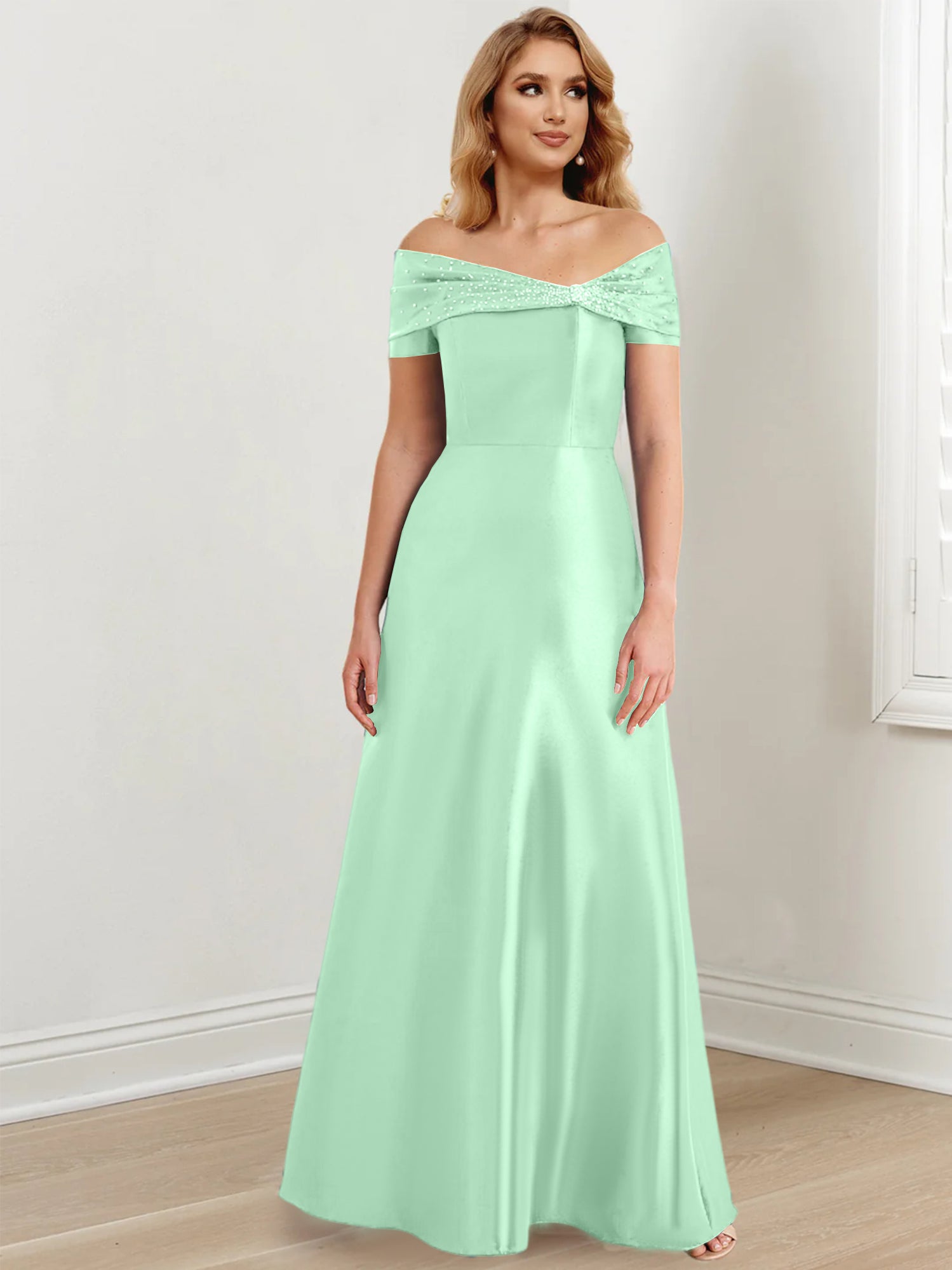 A-Linien-/Prinzessinnen-Kleid mit schulterfreiem Ausschnitt und bodenlang für die Mutter der Braut 