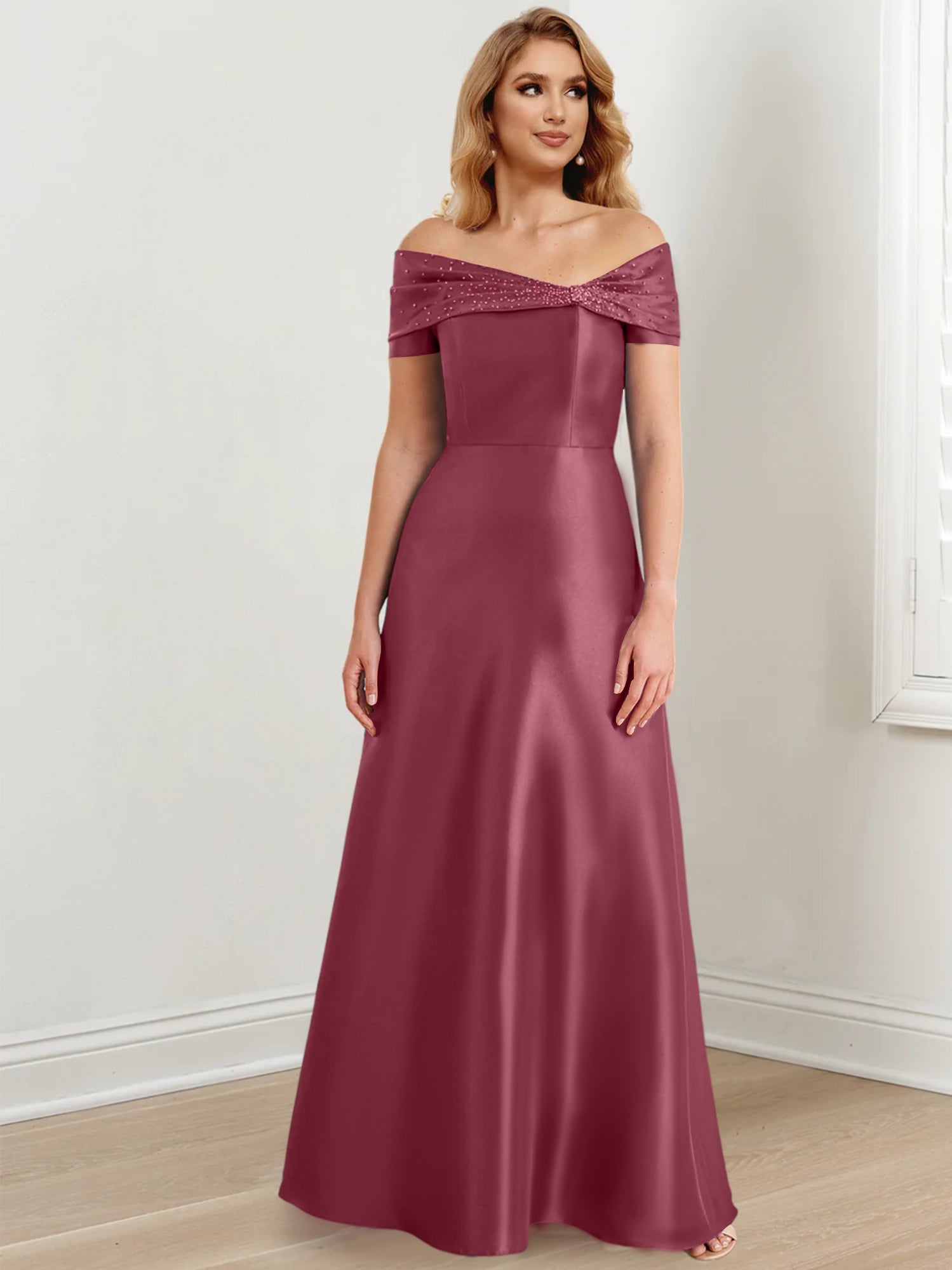 A-Linien-/Prinzessinnen-Kleid mit schulterfreiem Ausschnitt und bodenlang für die Mutter der Braut 