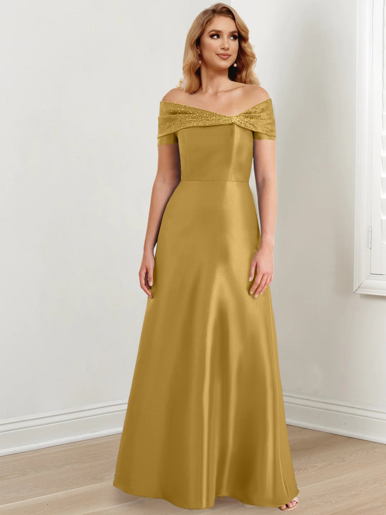 A-Linien-/Prinzessinnen-Kleid mit schulterfreiem Ausschnitt und bodenlang für die Mutter der Braut 