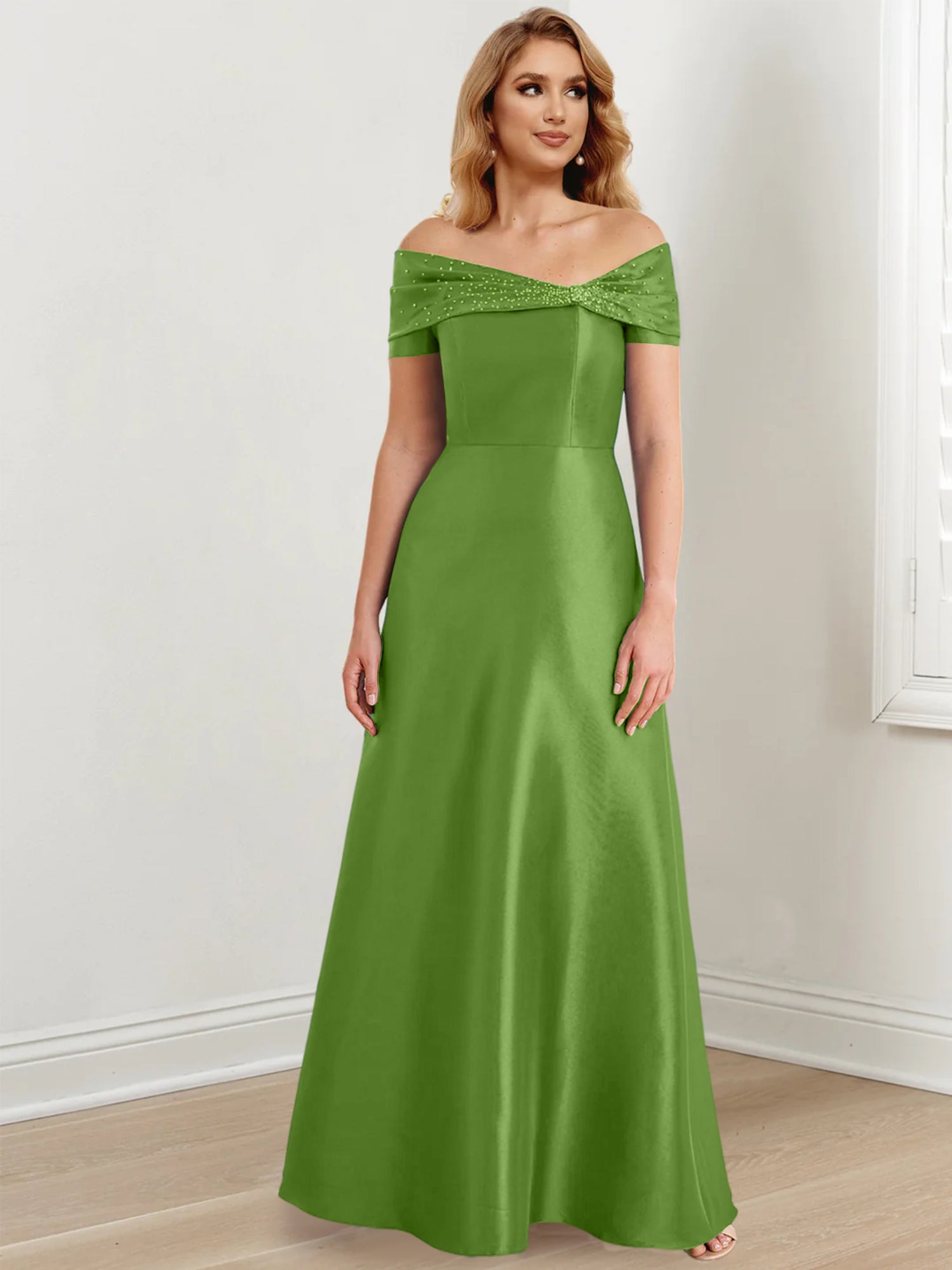 A-Linien-/Prinzessinnen-Kleid mit schulterfreiem Ausschnitt und bodenlang für die Mutter der Braut 