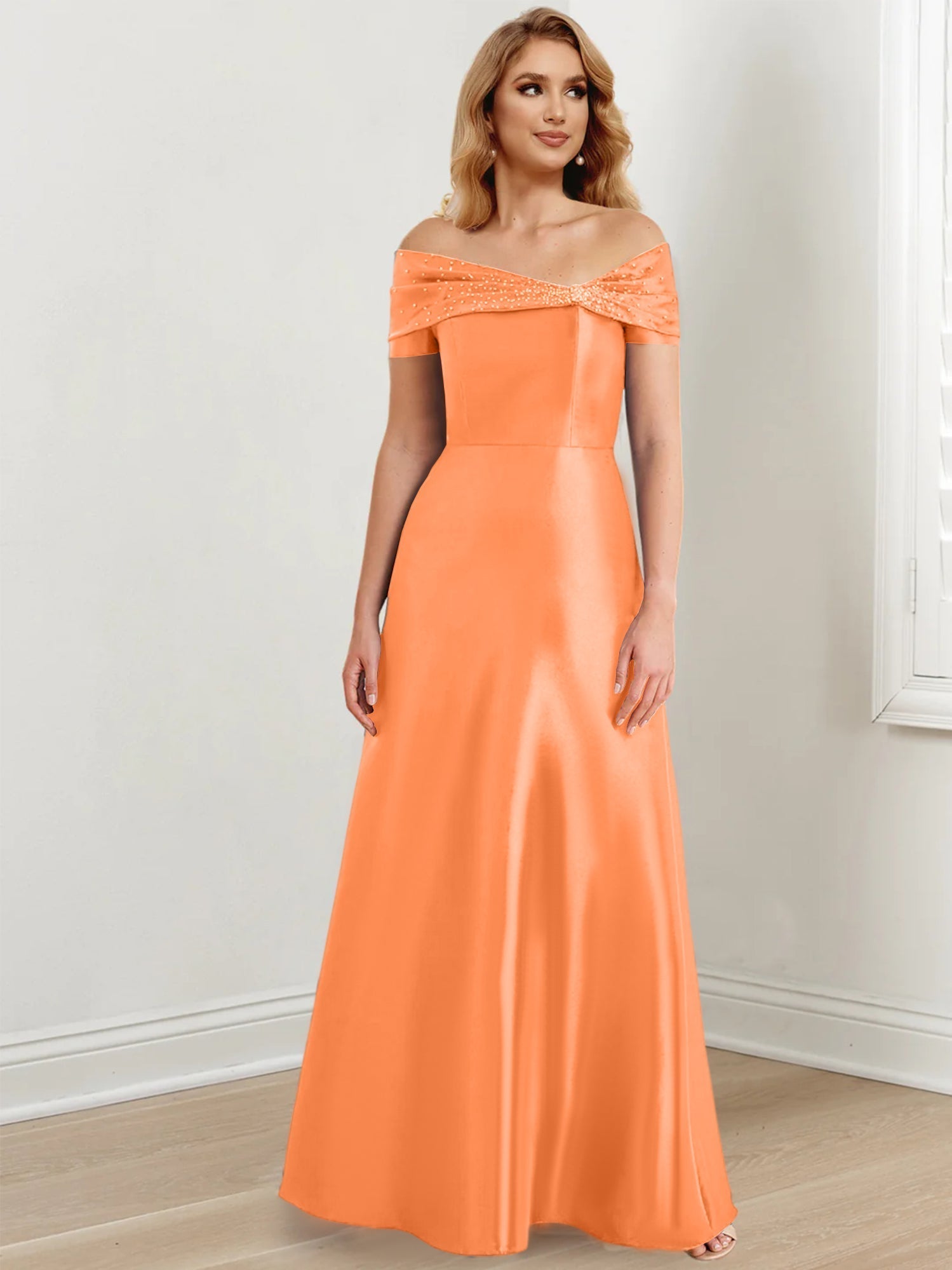 A-Linien-/Prinzessinnen-Kleid mit schulterfreiem Ausschnitt und bodenlang für die Mutter der Braut 