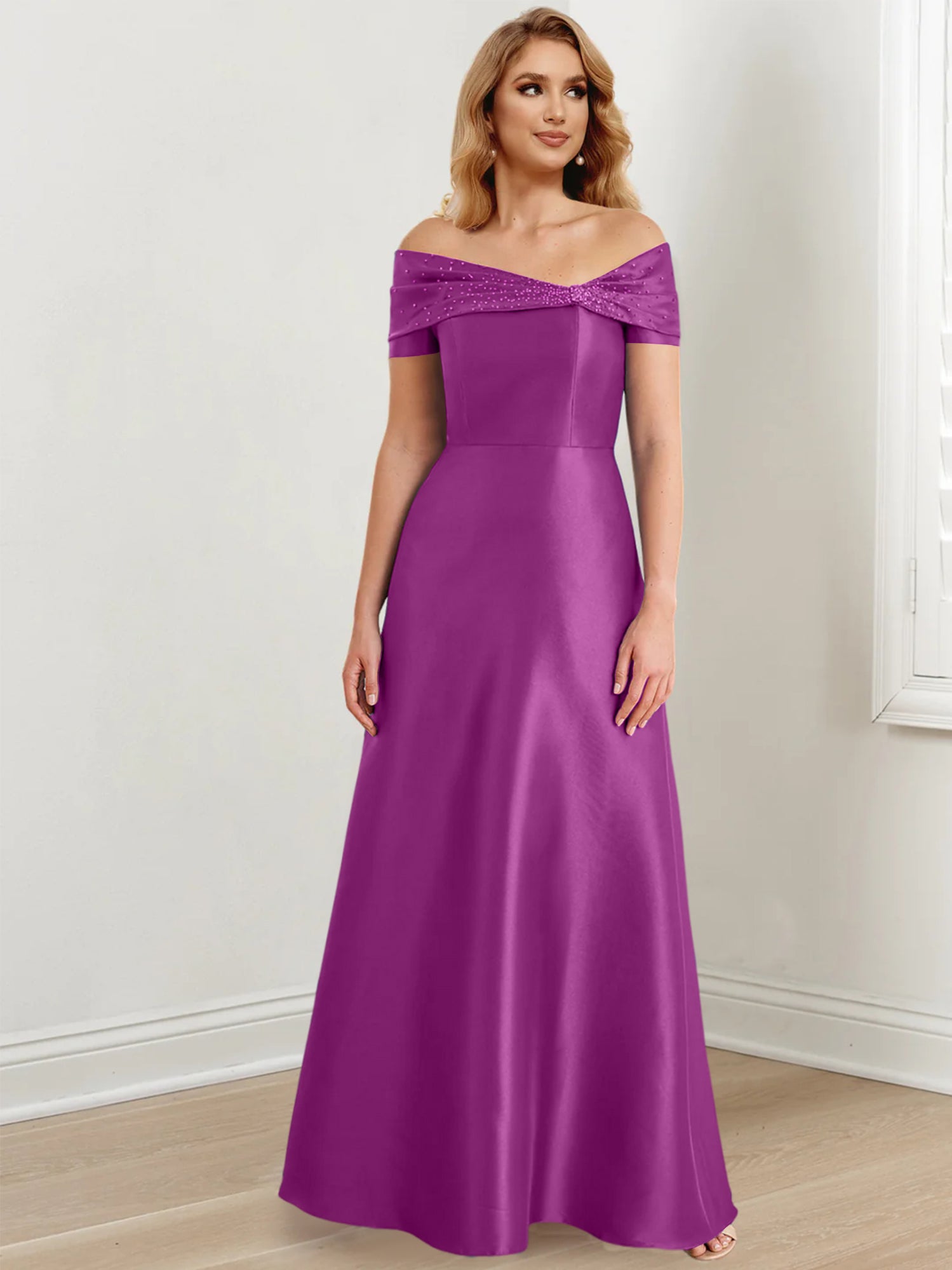 A-Linien-/Prinzessinnen-Kleid mit schulterfreiem Ausschnitt und bodenlang für die Mutter der Braut 