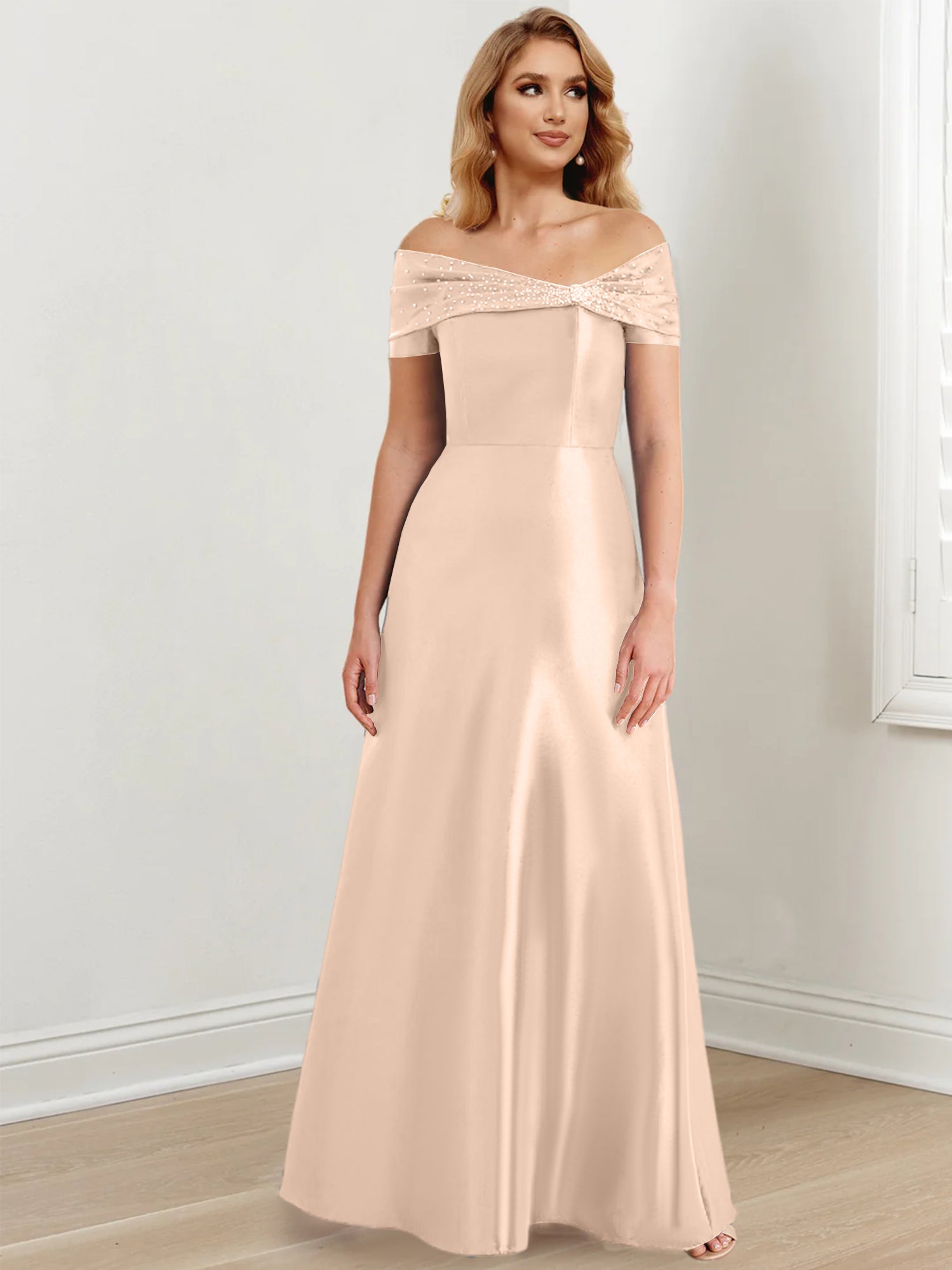 A-Linien-/Prinzessinnen-Kleid mit schulterfreiem Ausschnitt und bodenlang für die Mutter der Braut 