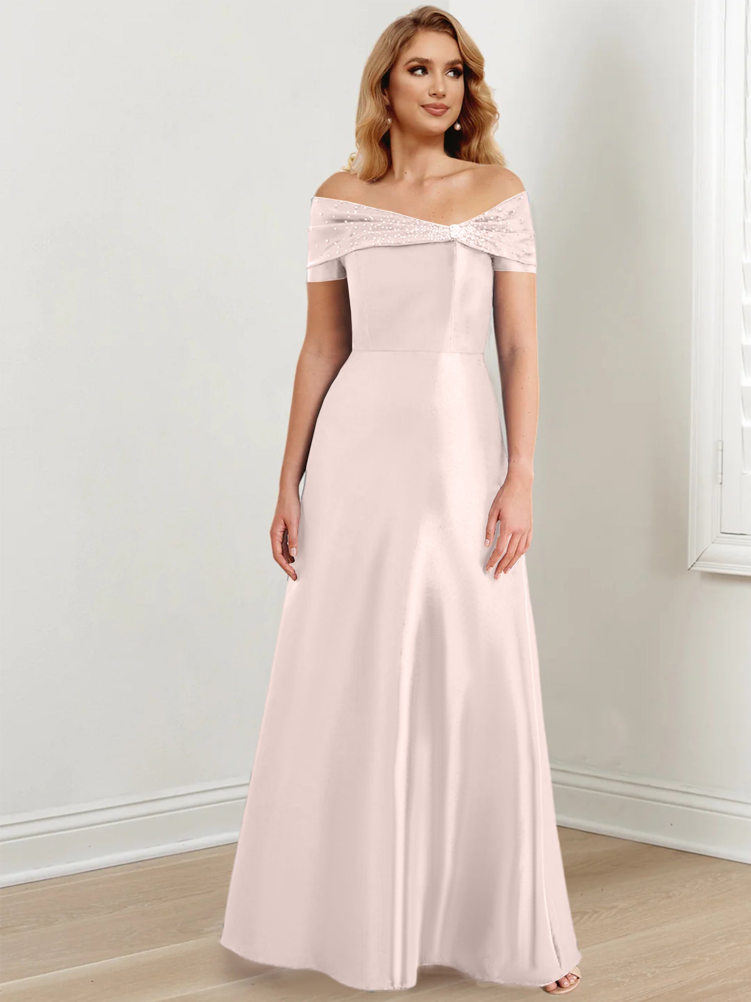 A-Linien-/Prinzessinnen-Kleid mit schulterfreiem Ausschnitt und bodenlang für die Mutter der Braut 