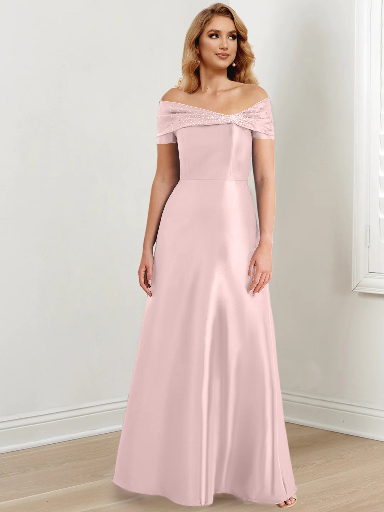 A-Linien-/Prinzessinnen-Kleid mit schulterfreiem Ausschnitt und bodenlang für die Mutter der Braut 