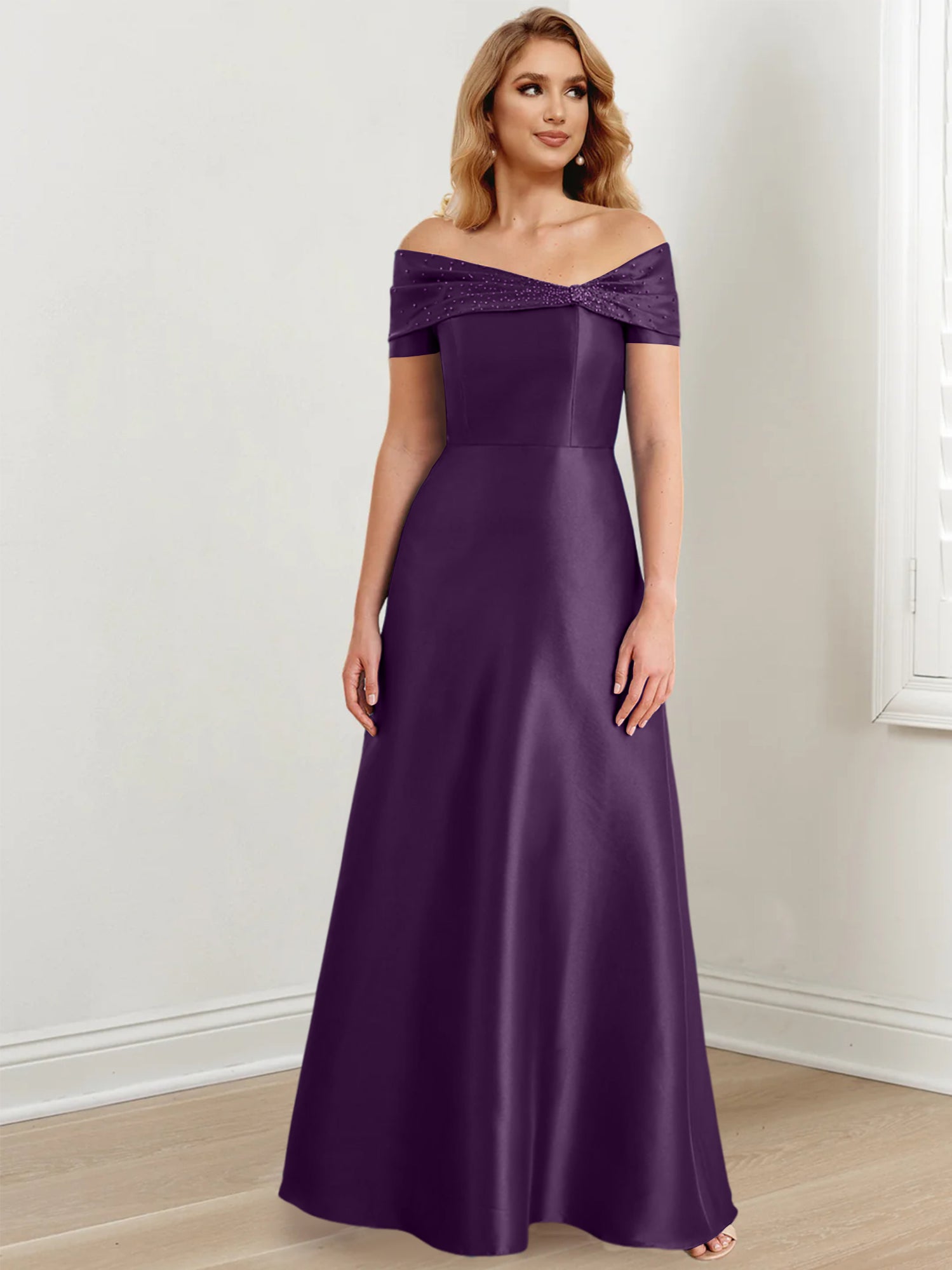 A-Linien-/Prinzessinnen-Kleid mit schulterfreiem Ausschnitt und bodenlang für die Mutter der Braut 
