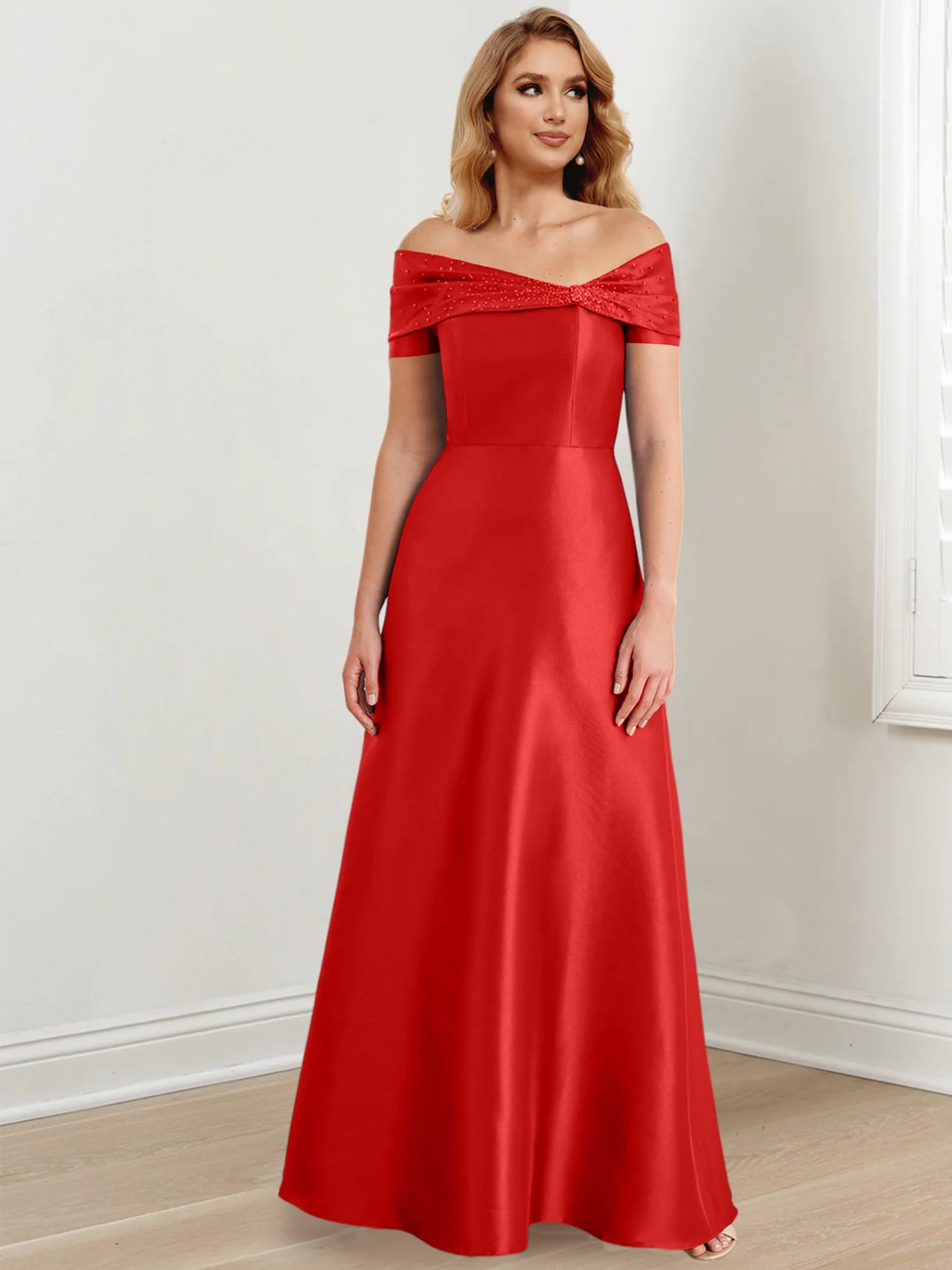 A-Linien-/Prinzessinnen-Kleid mit schulterfreiem Ausschnitt und bodenlang für die Mutter der Braut 
