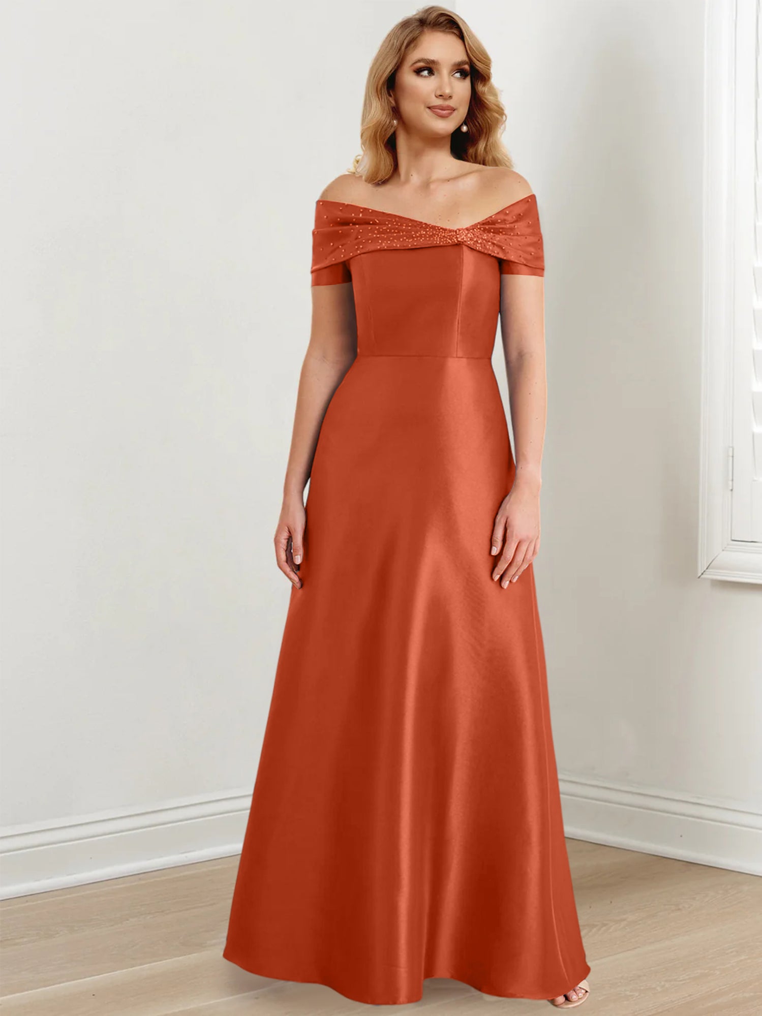 A-Linien-/Prinzessinnen-Kleid mit schulterfreiem Ausschnitt und bodenlang für die Mutter der Braut 