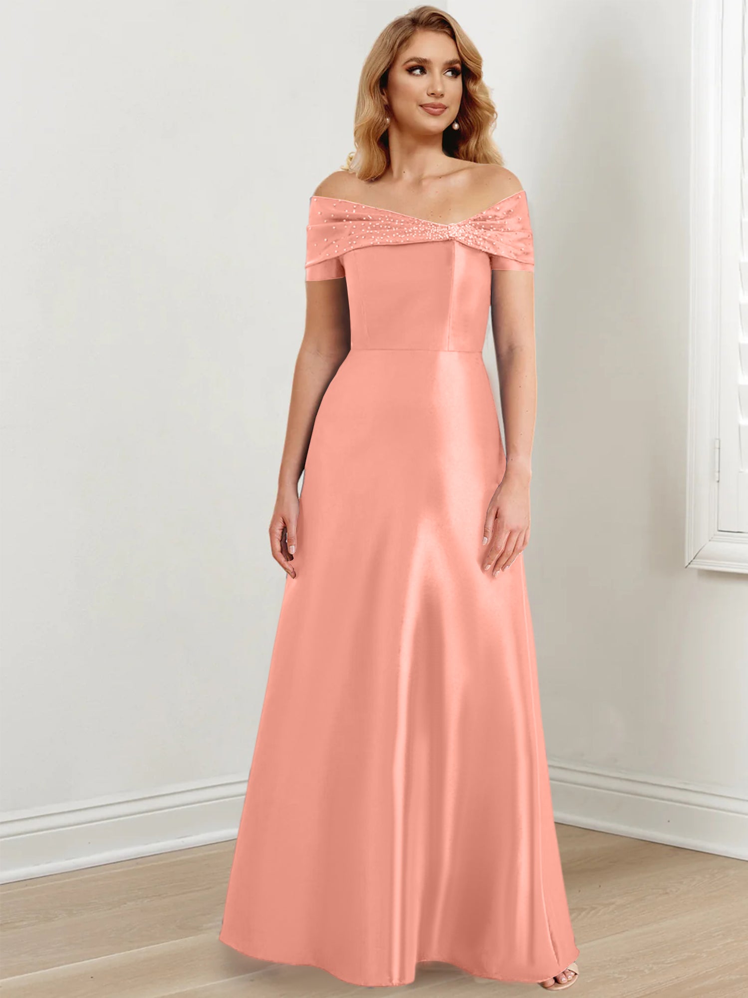 A-Linien-/Prinzessinnen-Kleid mit schulterfreiem Ausschnitt und bodenlang für die Mutter der Braut 