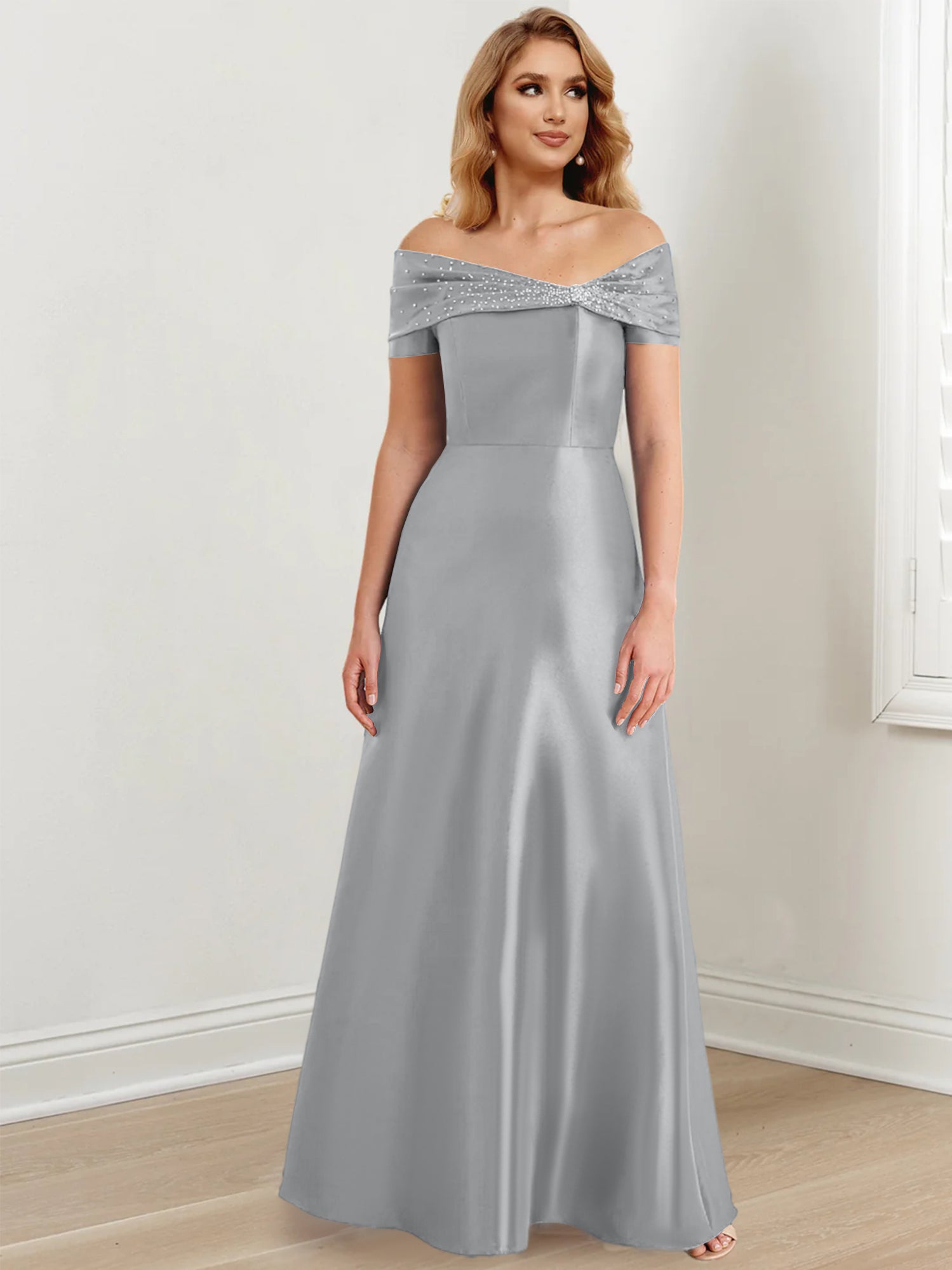 A-Linien-/Prinzessinnen-Kleid mit schulterfreiem Ausschnitt und bodenlang für die Mutter der Braut 