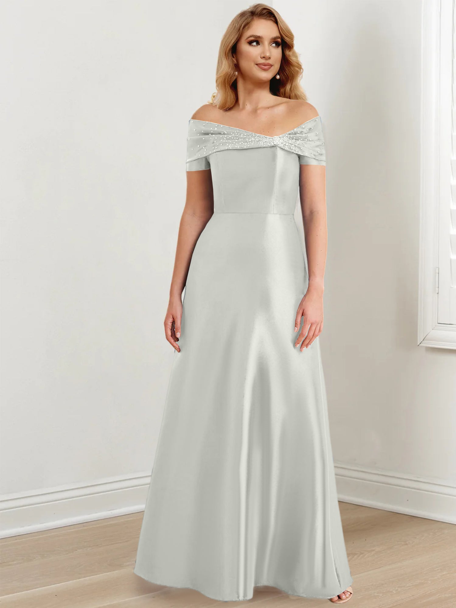 A-Linien-/Prinzessinnen-Kleid mit schulterfreiem Ausschnitt und bodenlang für die Mutter der Braut 