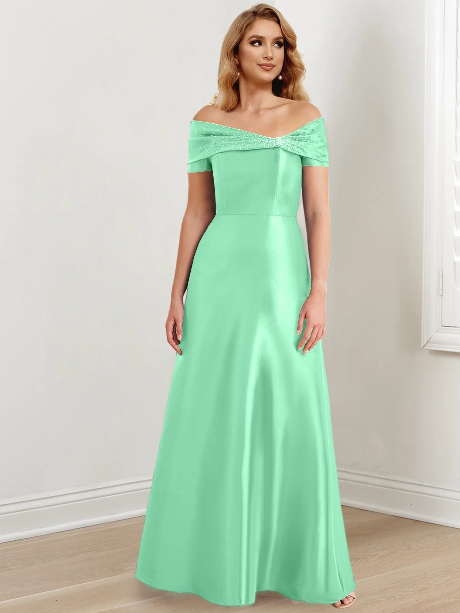 A-Linien-/Prinzessinnen-Kleid mit schulterfreiem Ausschnitt und bodenlang für die Mutter der Braut 