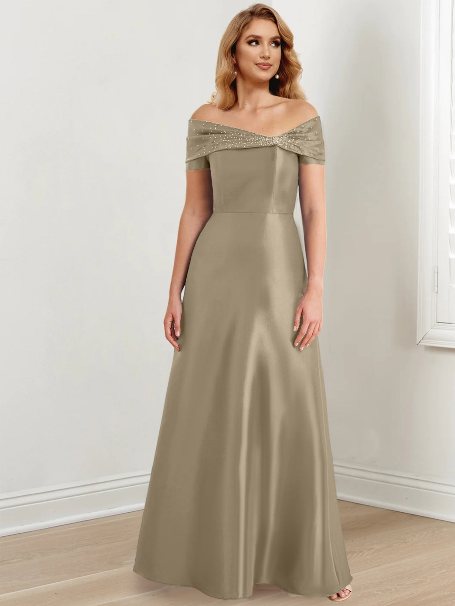 A-Linien-/Prinzessinnen-Kleid mit schulterfreiem Ausschnitt und bodenlang für die Mutter der Braut 