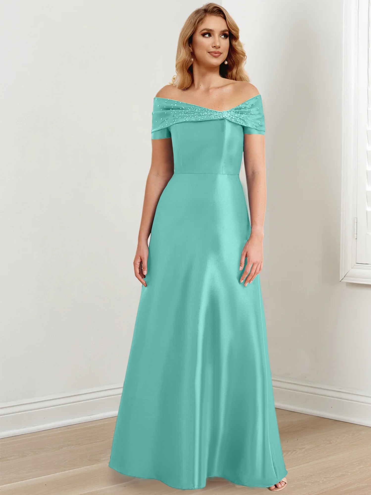 A-Linien-/Prinzessinnen-Kleid mit schulterfreiem Ausschnitt und bodenlang für die Mutter der Braut 