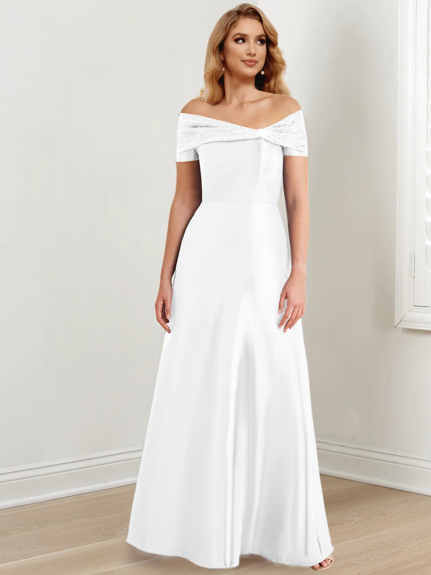 A-Linien-/Prinzessinnen-Kleid mit schulterfreiem Ausschnitt und bodenlang für die Mutter der Braut 