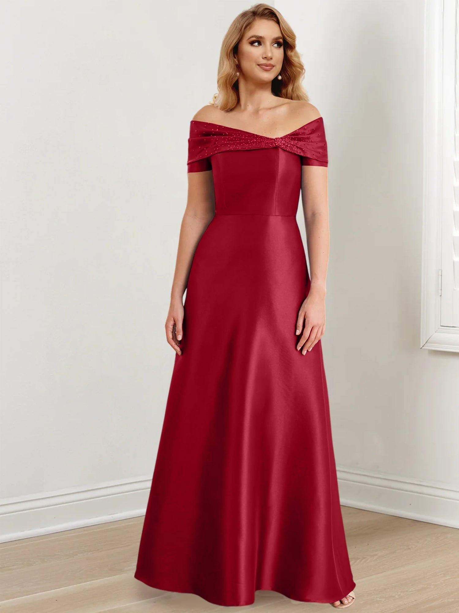 A-Linien-/Prinzessinnen-Kleid mit schulterfreiem Ausschnitt und bodenlang für die Mutter der Braut 