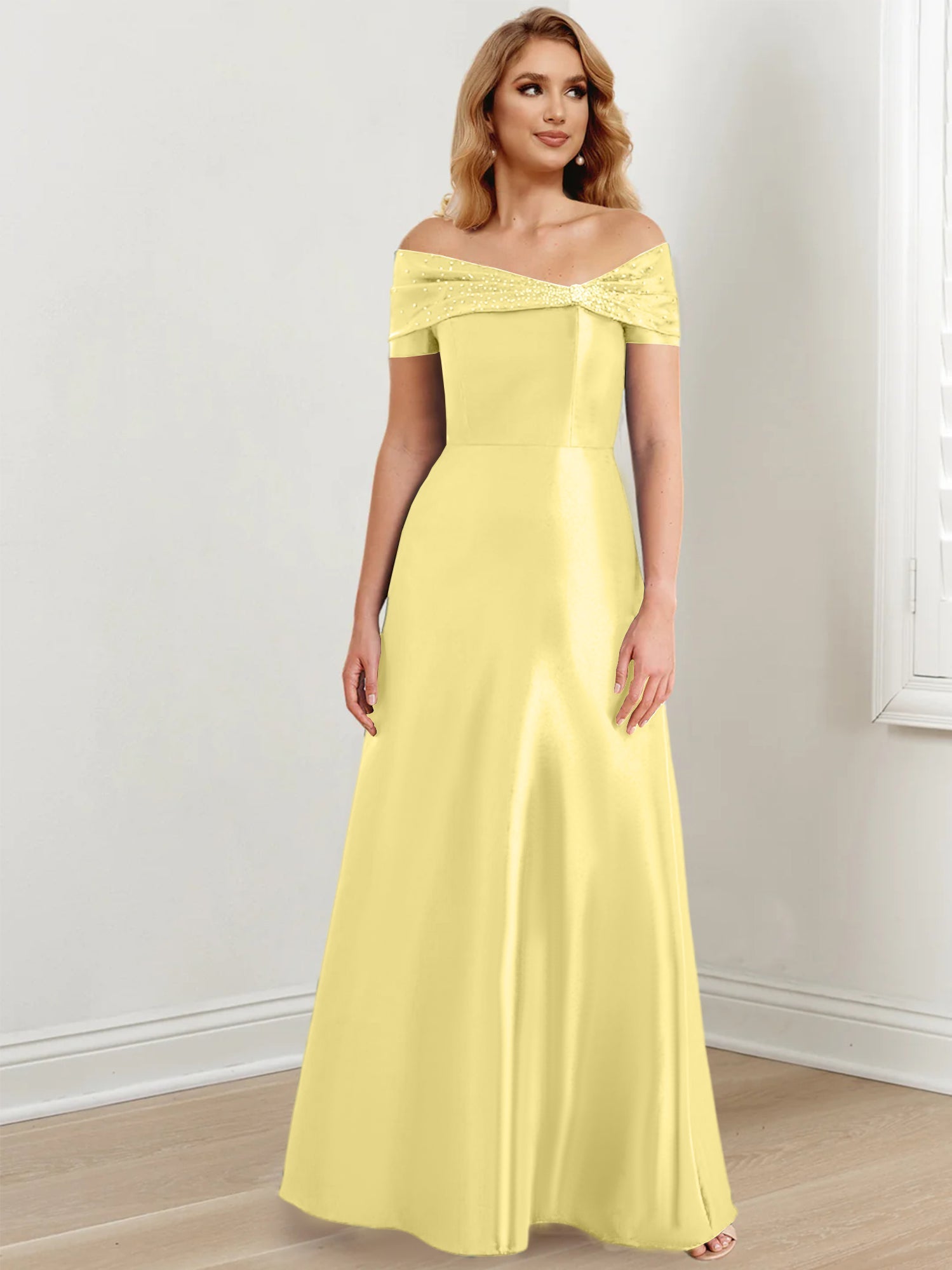 A-Linien-/Prinzessinnen-Kleid mit schulterfreiem Ausschnitt und bodenlang für die Mutter der Braut 