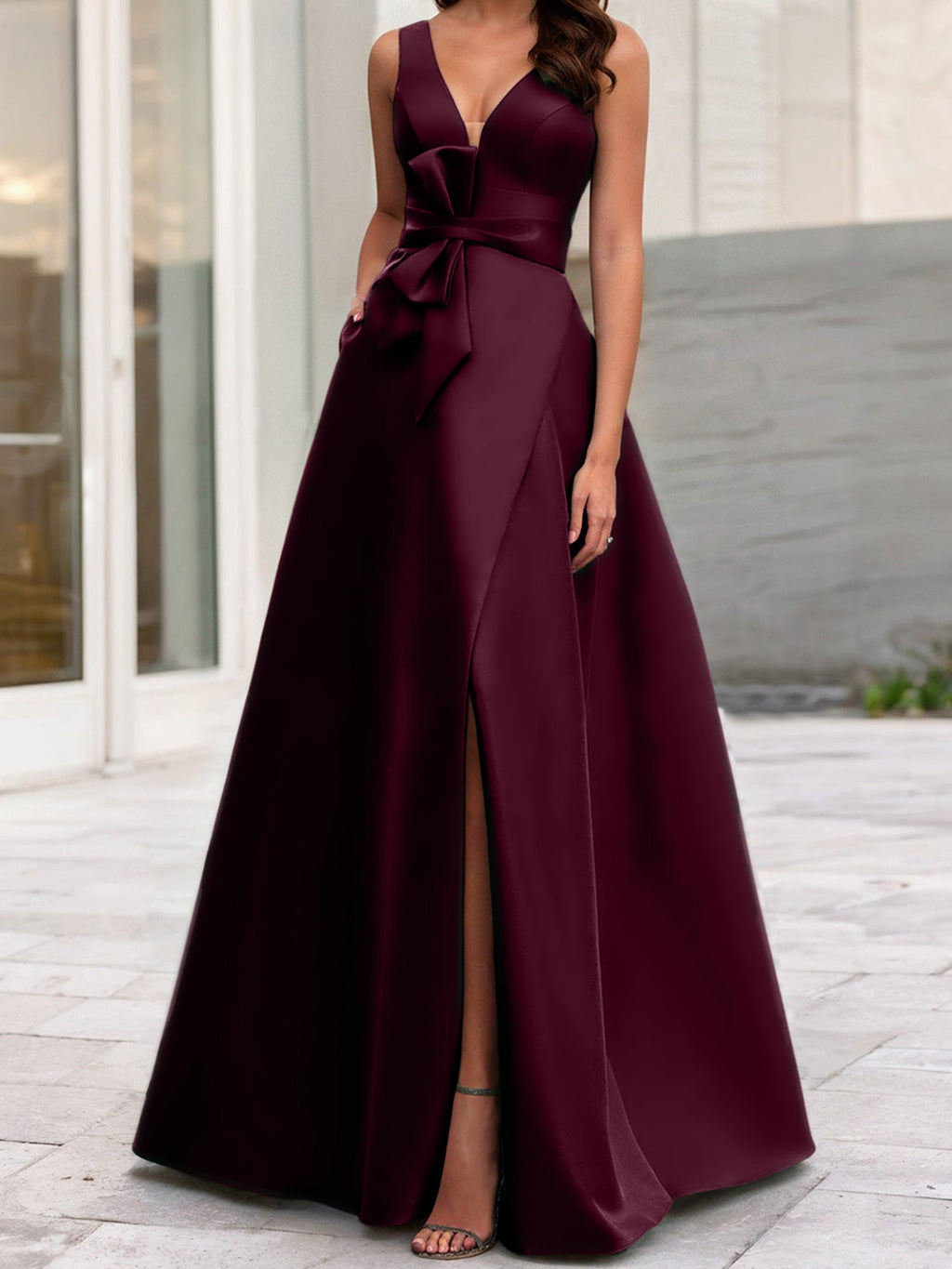 Vestidos de madre de la novia de corte A/princesa, escote en V, sin mangas, con abertura lateral 
