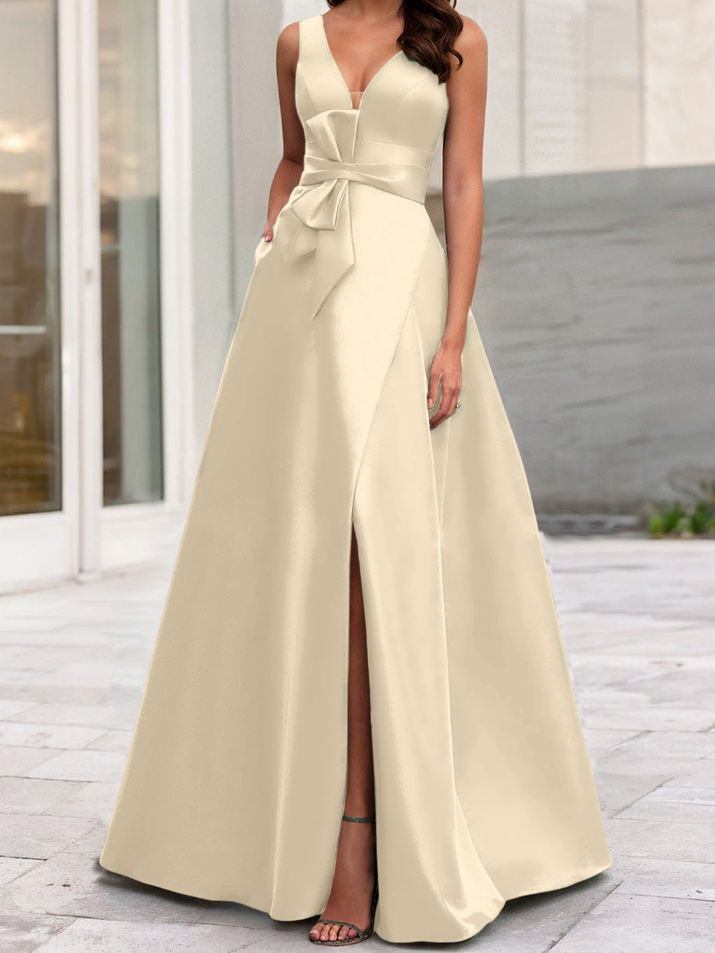 Vestidos de madre de la novia de corte A/princesa, escote en V, sin mangas, con abertura lateral 