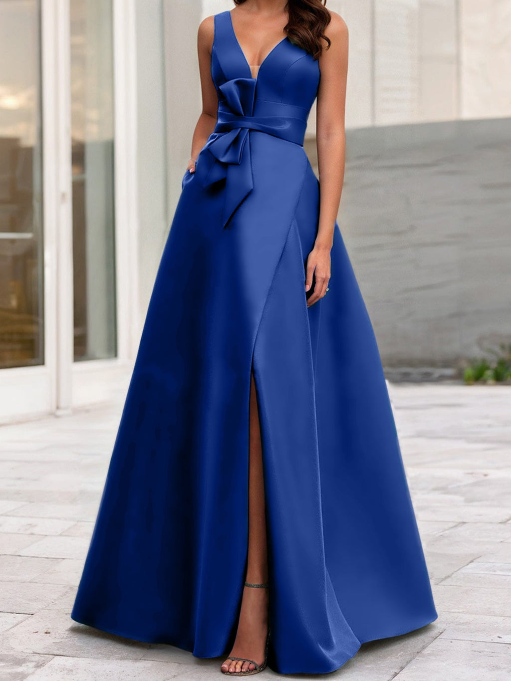Vestidos de madre de la novia de corte A/princesa, escote en V, sin mangas, con abertura lateral 