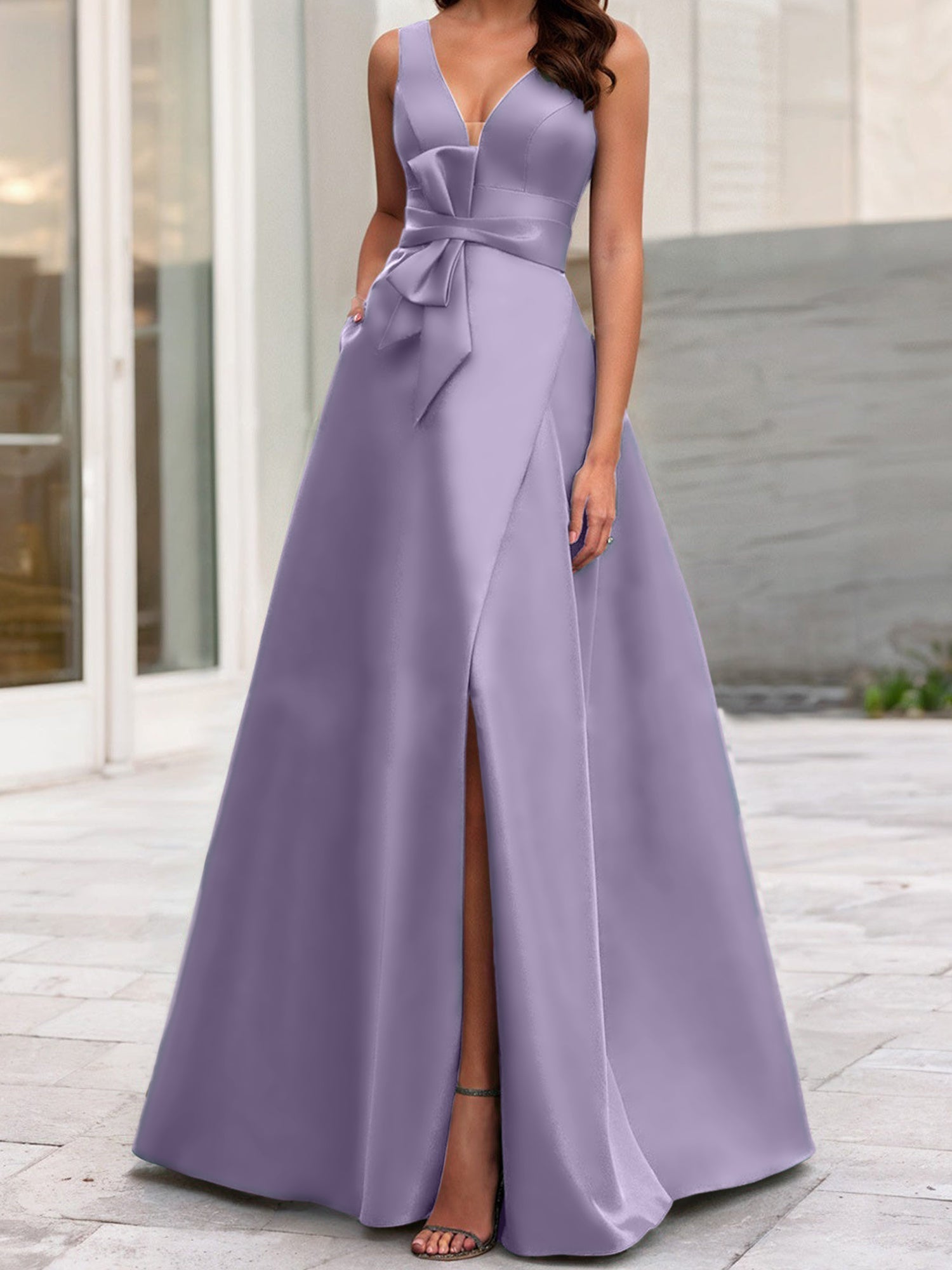 Vestidos de madre de la novia de corte A/princesa, escote en V, sin mangas, con abertura lateral 