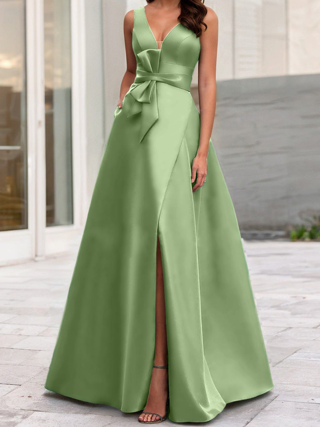 Vestidos de madre de la novia de corte A/princesa, escote en V, sin mangas, con abertura lateral 
