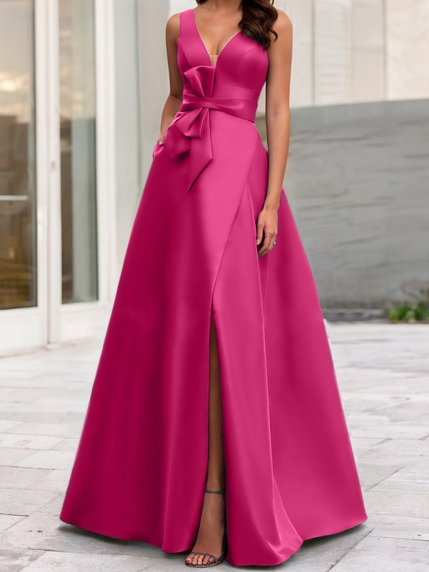 Vestidos de madre de la novia de corte A/princesa, escote en V, sin mangas, con abertura lateral 
