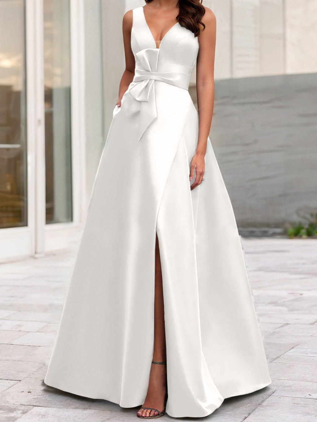 Vestidos de madre de la novia de corte A/princesa, escote en V, sin mangas, con abertura lateral 