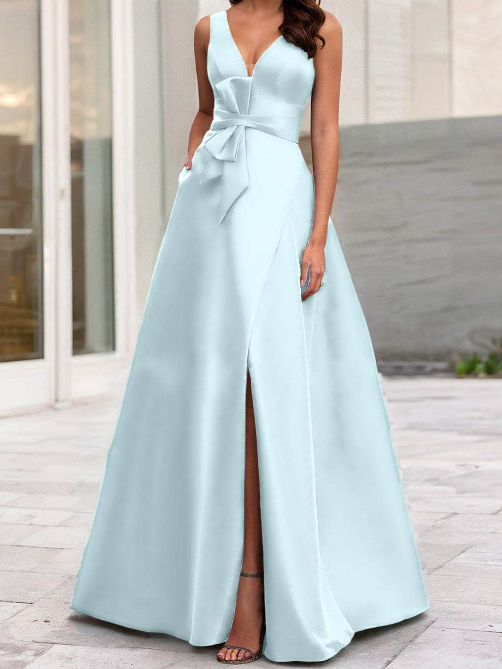 Vestidos de madre de la novia de corte A/princesa, escote en V, sin mangas, con abertura lateral 