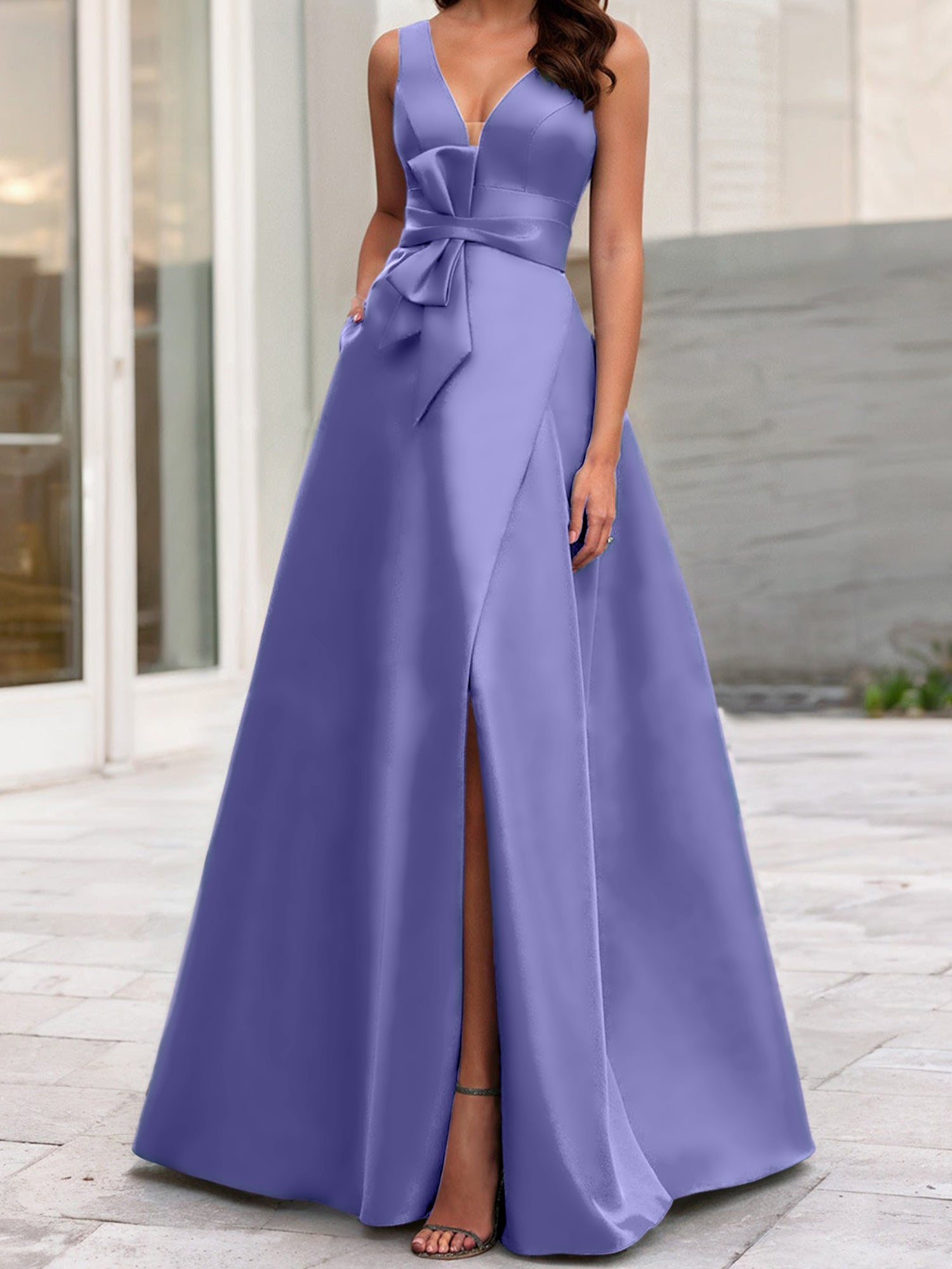 Vestidos de madre de la novia de corte A/princesa, escote en V, sin mangas, con abertura lateral 