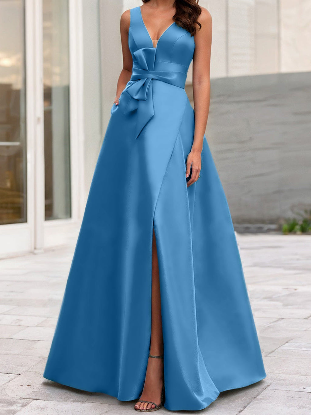 Vestidos de madre de la novia de corte A/princesa, escote en V, sin mangas, con abertura lateral 