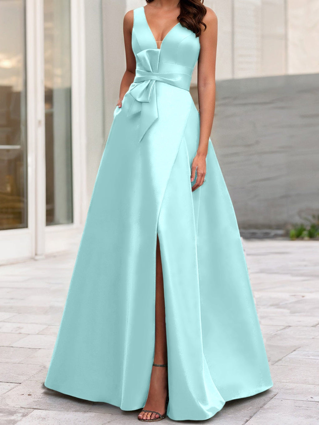 Vestidos de madre de la novia de corte A/princesa, escote en V, sin mangas, con abertura lateral 