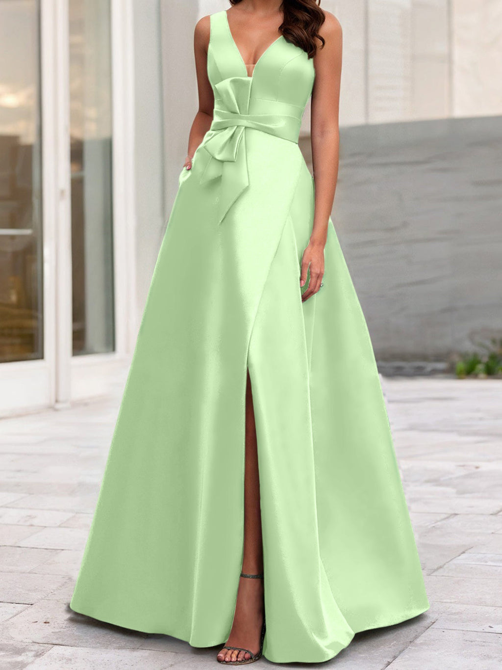 Vestidos de madre de la novia de corte A/princesa, escote en V, sin mangas, con abertura lateral 