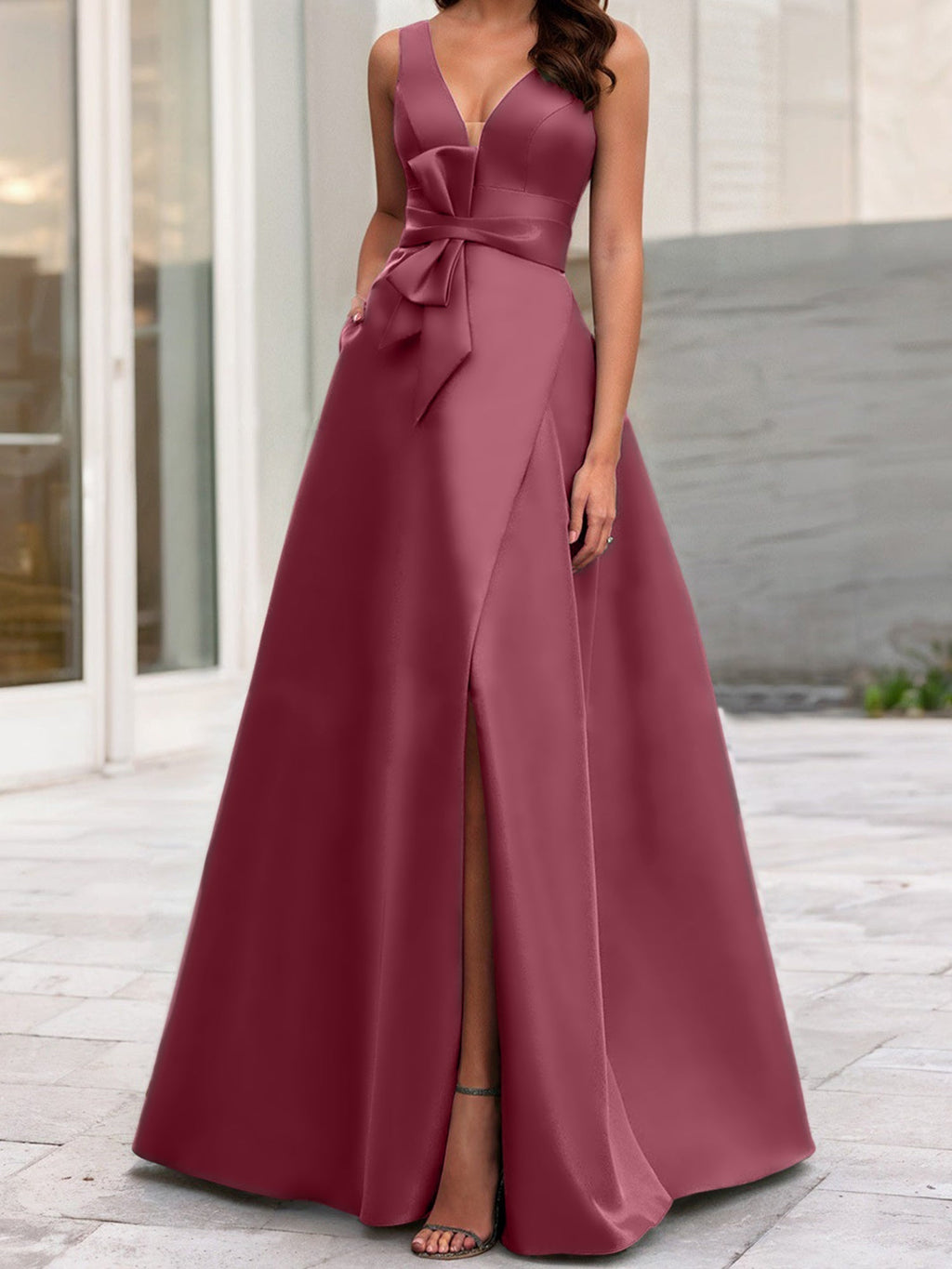 Vestidos de madre de la novia de corte A/princesa, escote en V, sin mangas, con abertura lateral 