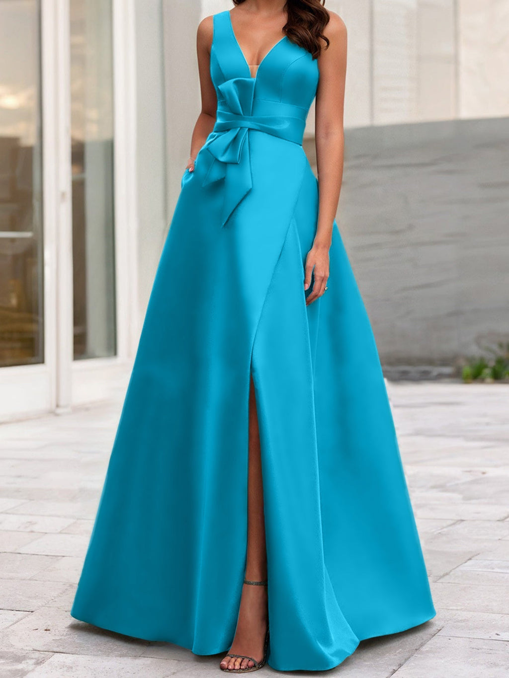 Vestidos de madre de la novia de corte A/princesa, escote en V, sin mangas, con abertura lateral 