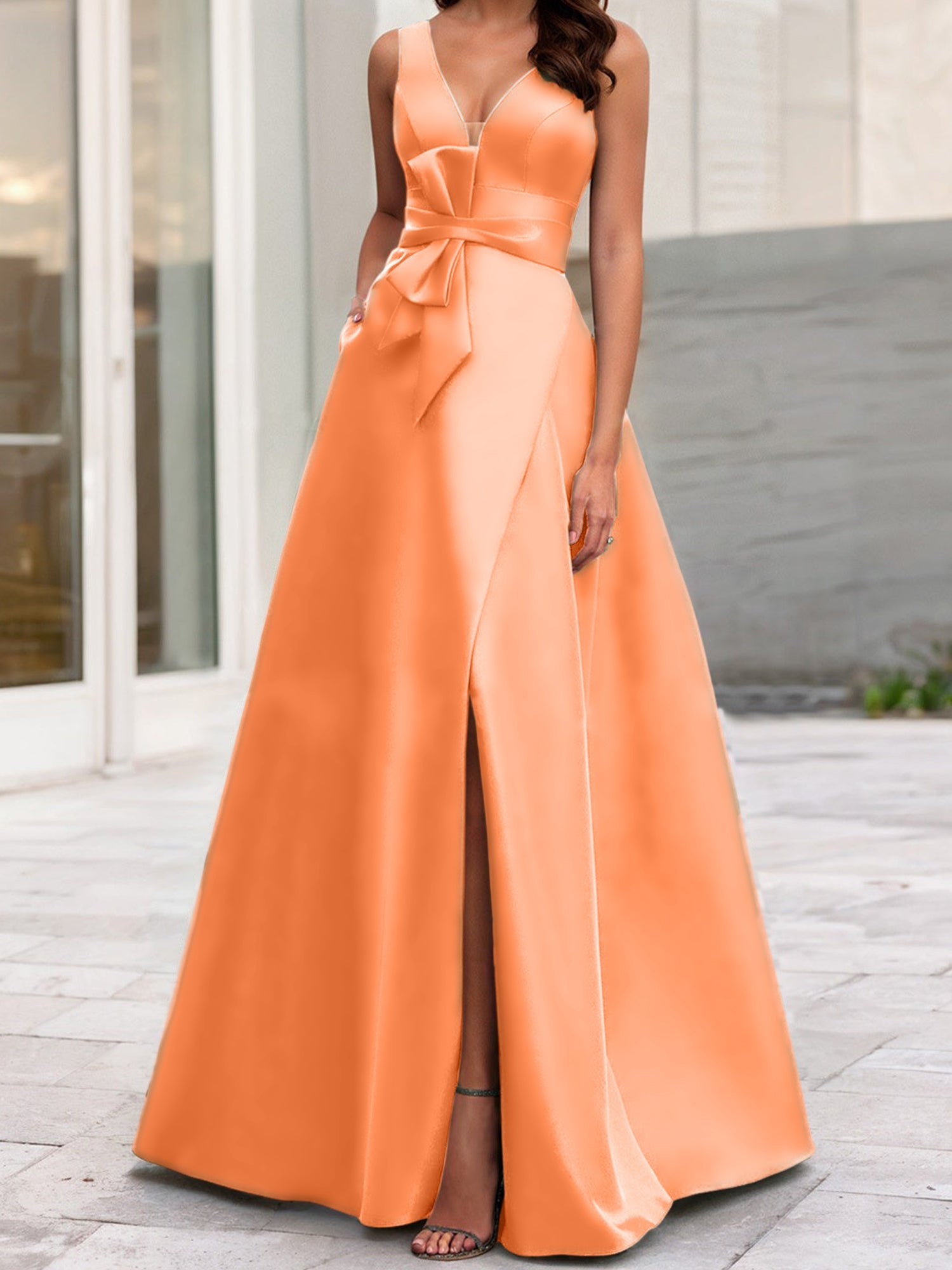 Vestidos de madre de la novia de corte A/princesa, escote en V, sin mangas, con abertura lateral 