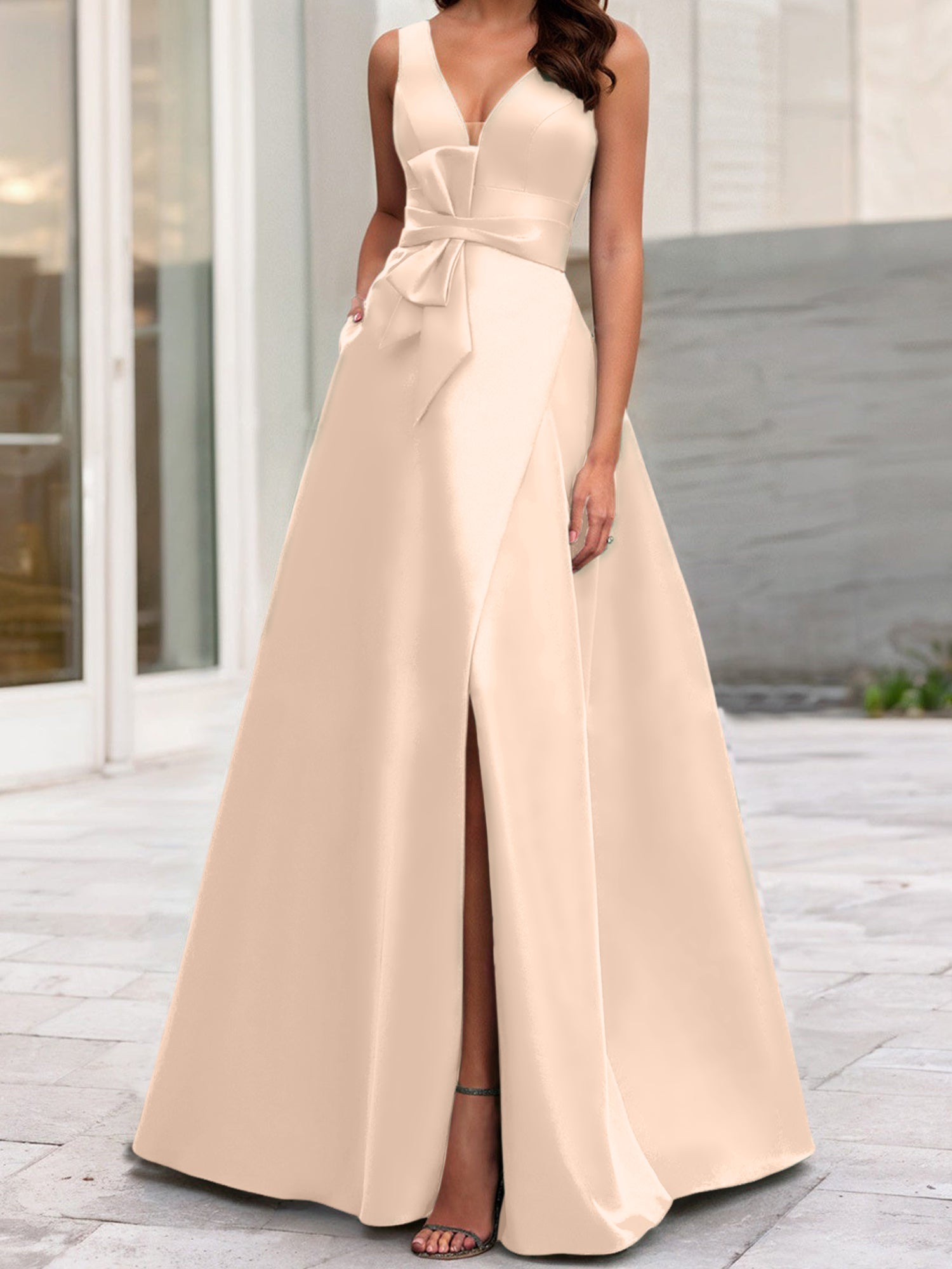 Vestidos de madre de la novia de corte A/princesa, escote en V, sin mangas, con abertura lateral 