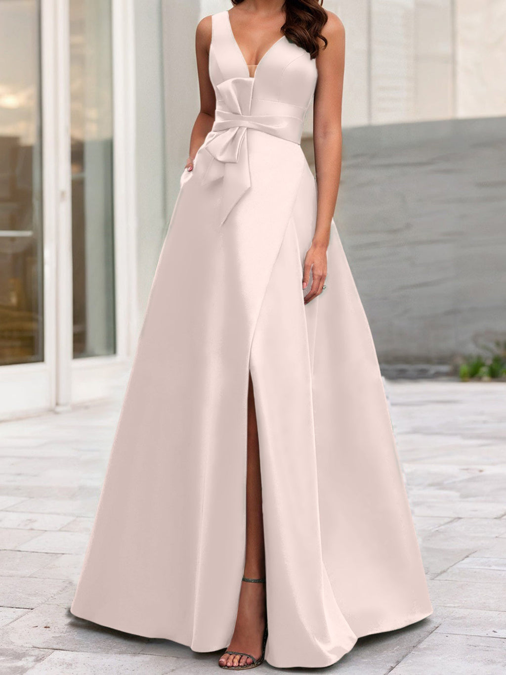Vestidos de madre de la novia de corte A/princesa, escote en V, sin mangas, con abertura lateral 