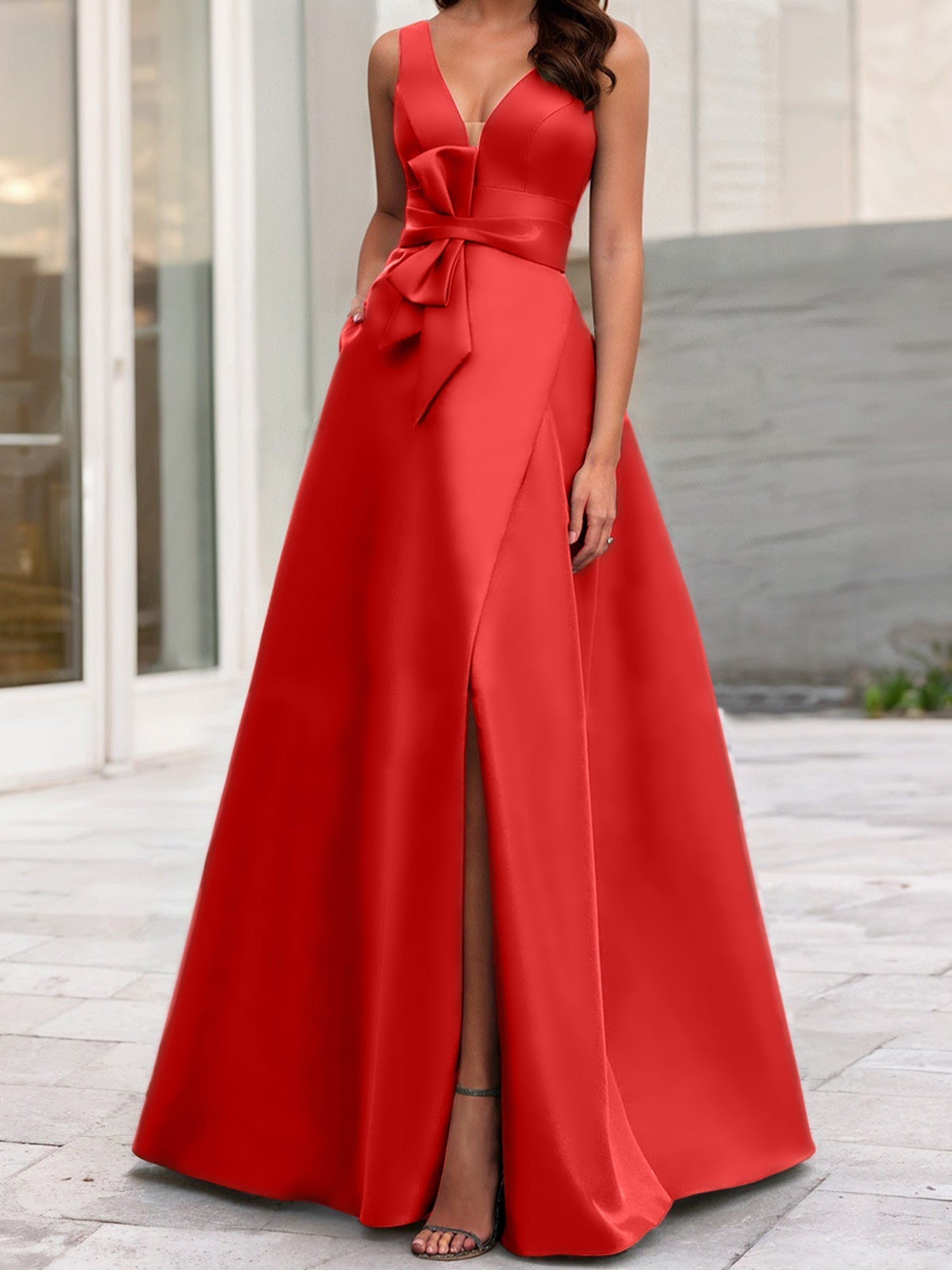 Vestidos de madre de la novia de corte A/princesa, escote en V, sin mangas, con abertura lateral 